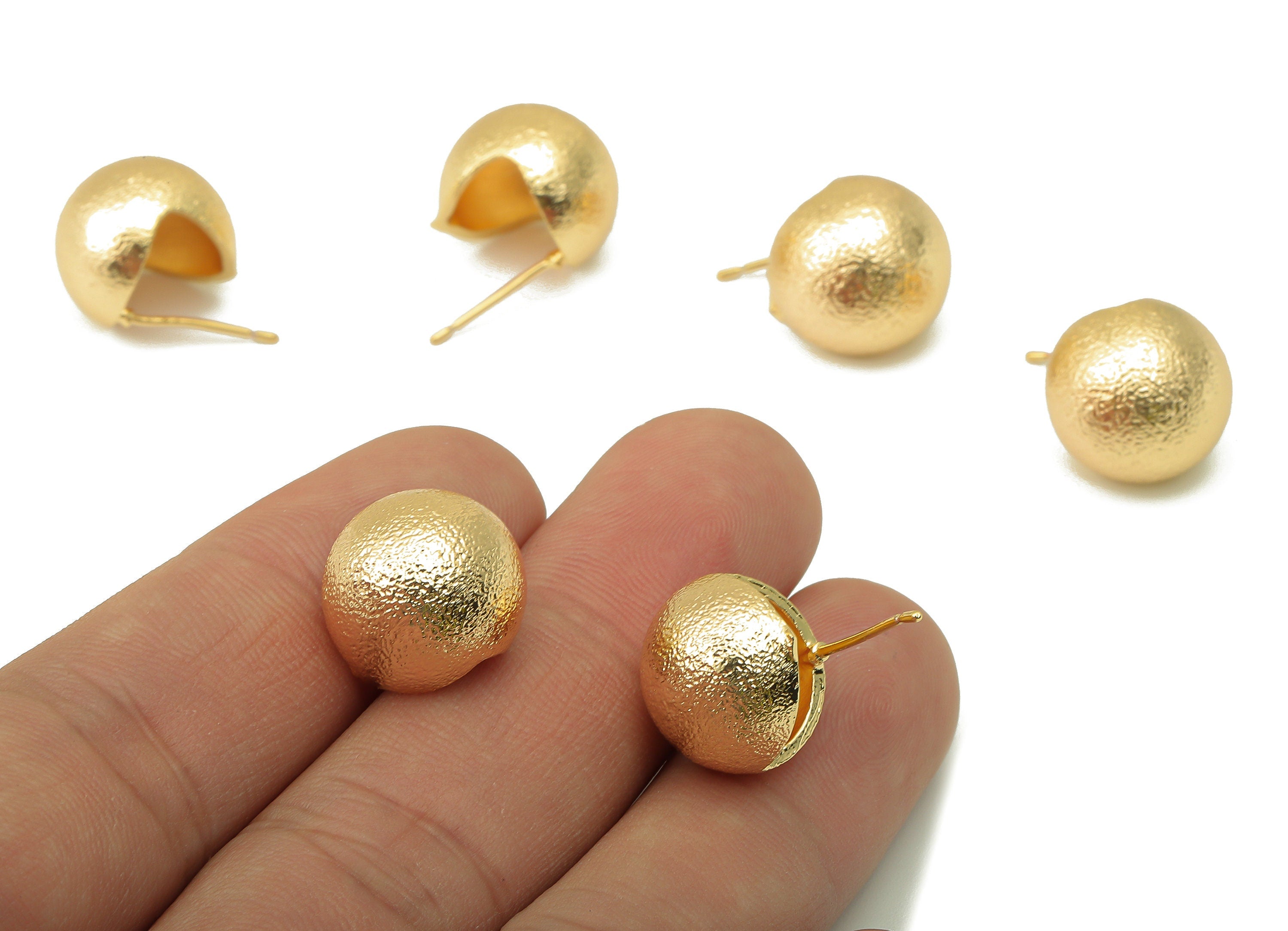Brass Three Quarter Ball Stud Earring - Brass Ball Earring - Textured Ball Stud Earring - 18K Real Gold Plating-21.01x 14.04x 1.45mm-RGP5951 - DOMEDBAZAAR