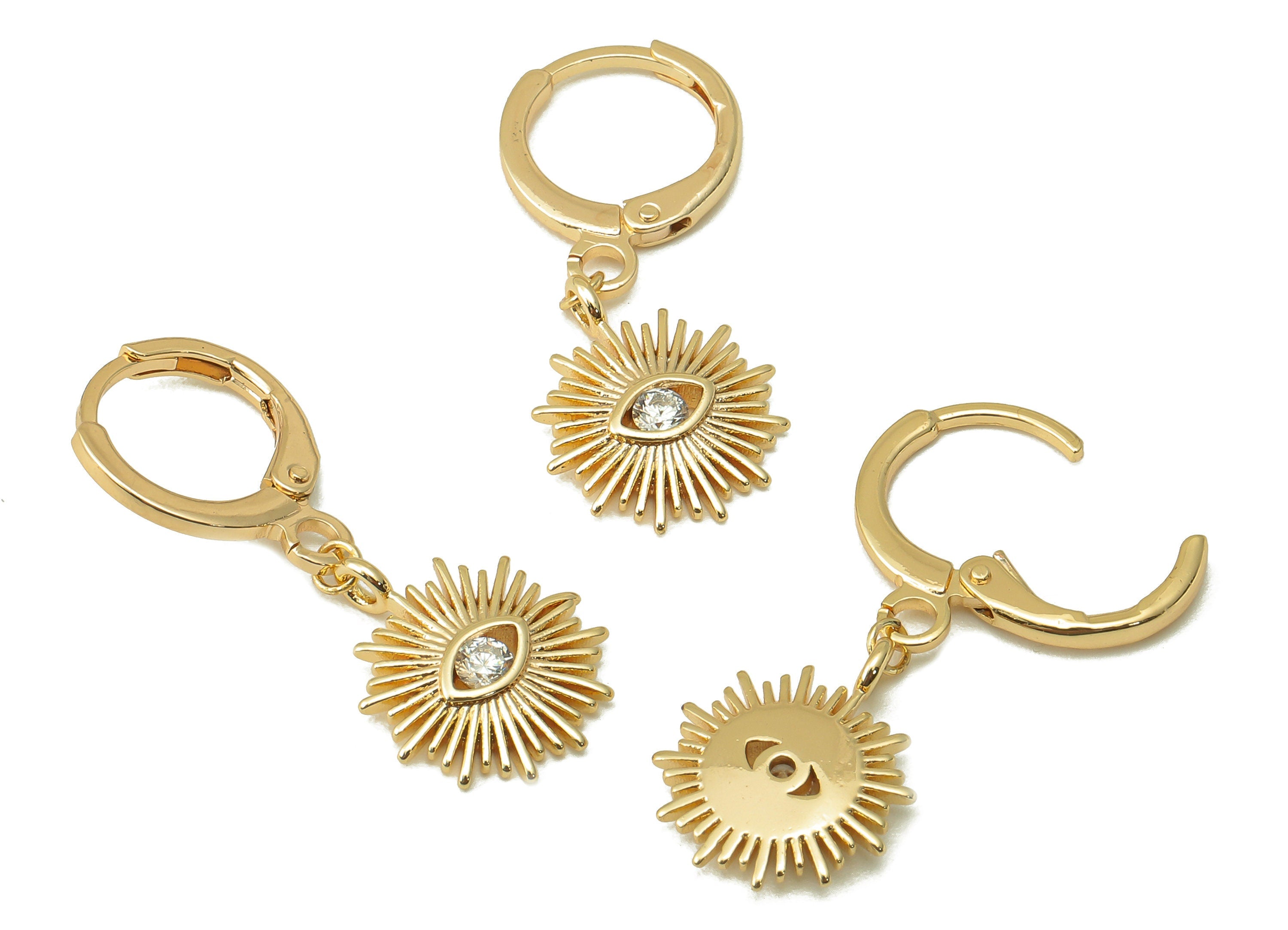 Brass Clasp Earring - Brass CZ Eye Clasp Hoop Earring-Cubic Zirconia Huugie Hoop Earring- 18K Real Gold Plating-29.47x 11.46x 2.08mm-RGP5980 - DOMEDBAZAAR