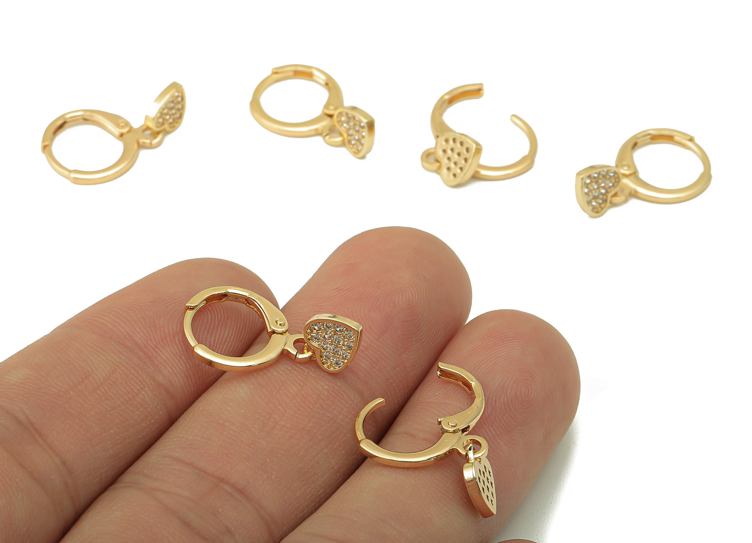 Brass Clasp Earring - Brass CZ Heart Clasp Hoop Earring-Cubic Zirconia Huugie Hoop Earring-18K Real Gold Plating-20.86x11.29x 1.76mm-RGP5981 - DOMEDBAZAAR