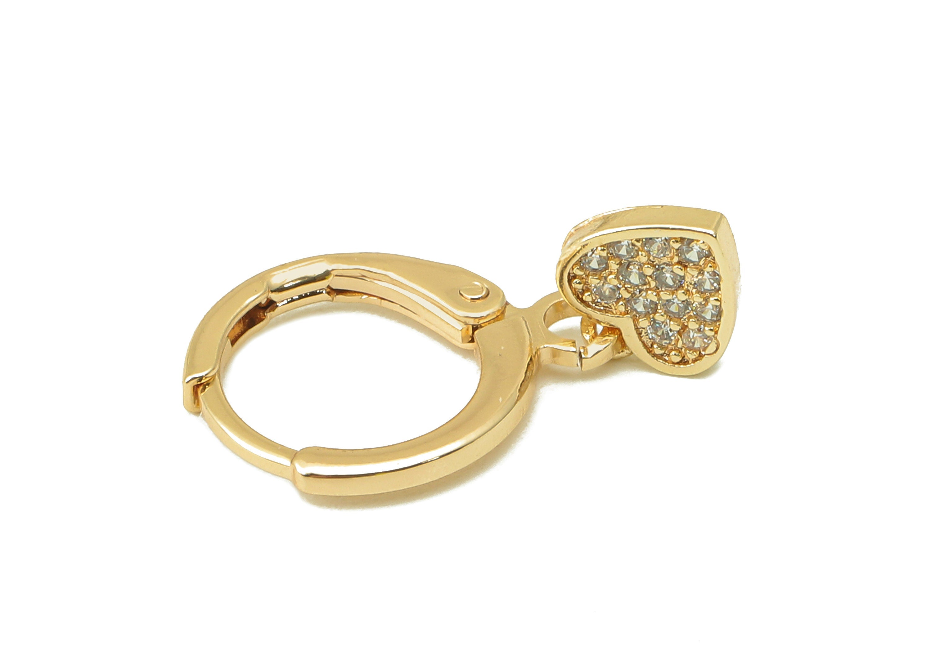 Brass Clasp Earring - Brass CZ Heart Clasp Hoop Earring-Cubic Zirconia Huugie Hoop Earring-18K Real Gold Plating-20.86x11.29x 1.76mm-RGP5981 - DOMEDBAZAAR