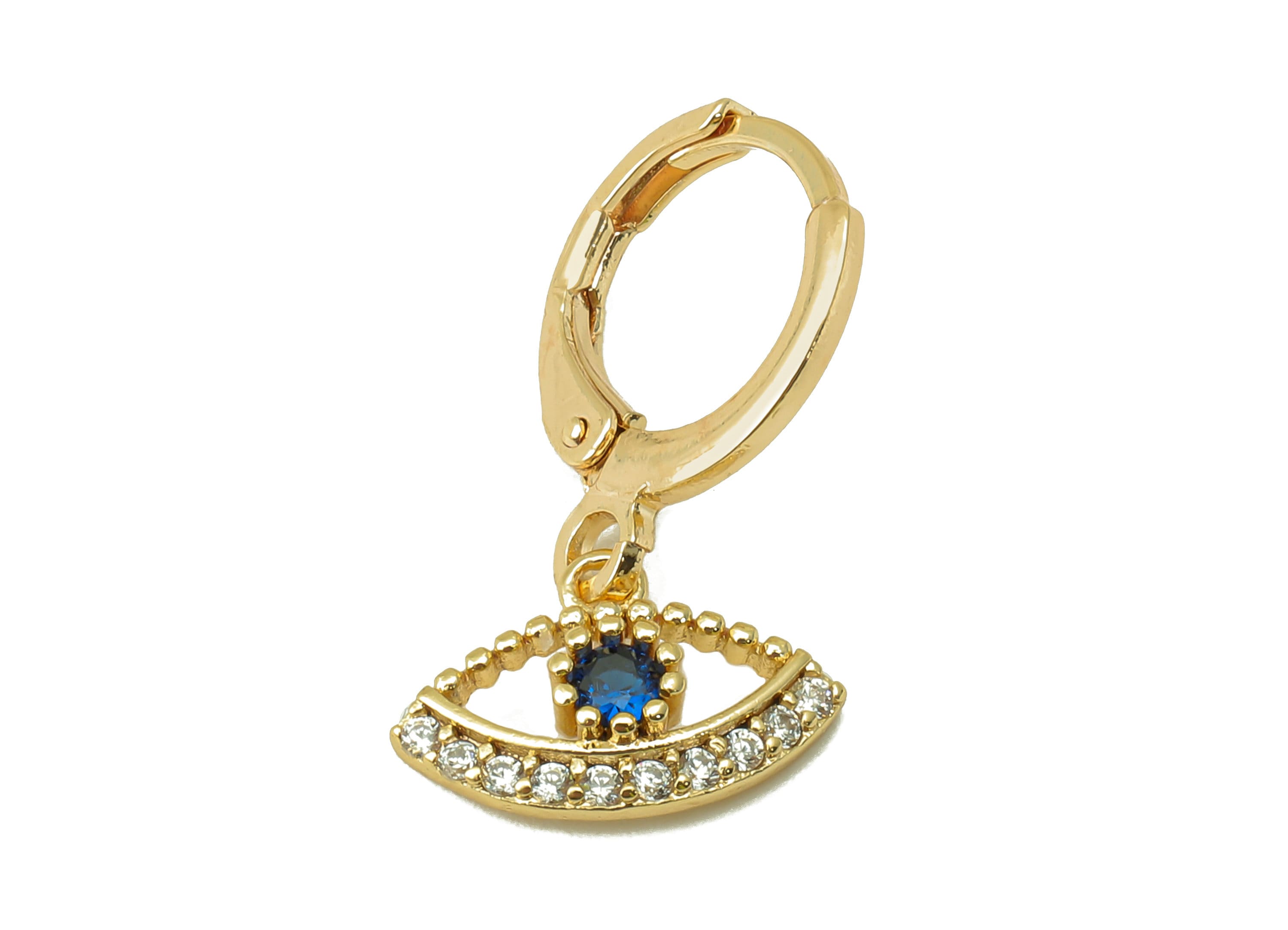 Brass Clasp Earring - Brass Hollow CZ Eye Clasp Hoop Earring-Cubic Zirconia Huugie Earring-18K Real Gold Plating-21.64x 11.41x3.32mm-RGP5982 - DOMEDBAZAAR