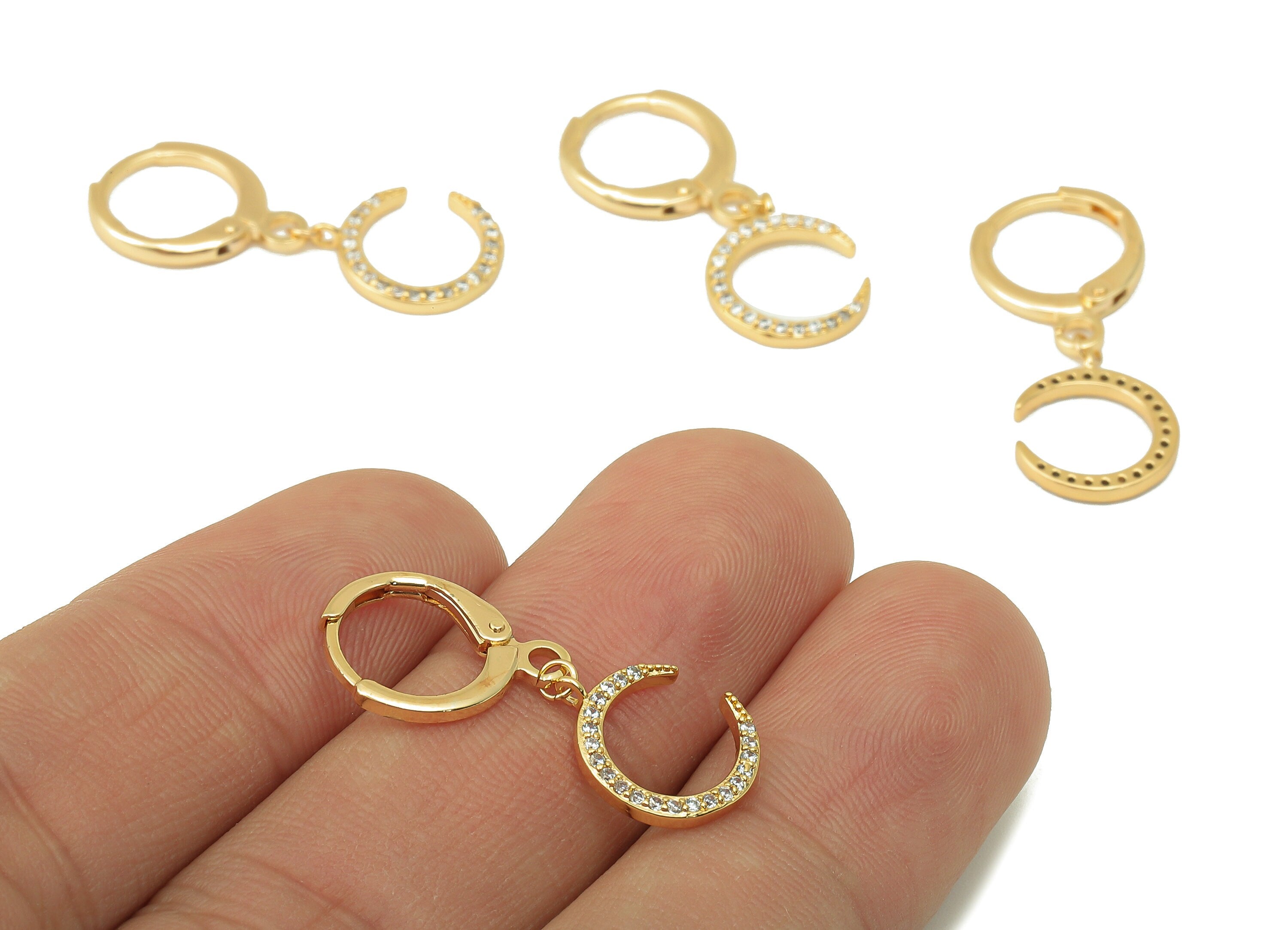 Brass Clasp Earring -Brass Crescent CZ Clasp Hoop Earring-Moon Cubic Zirconia Huugie Earring-18K Real Gold Plating-27.96x11.42x1.6mm-RGP5985 - DOMEDBAZAAR