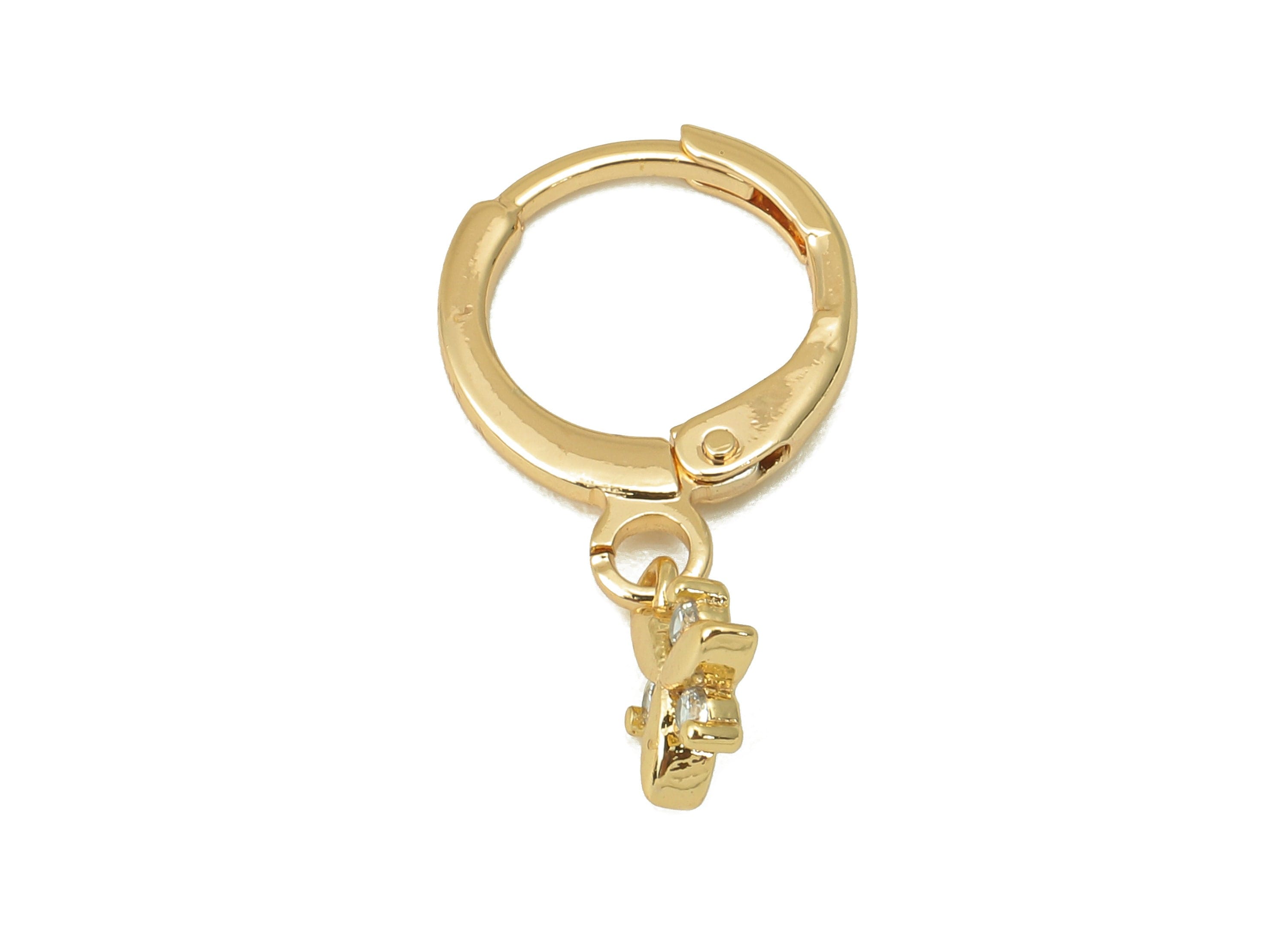 Brass Clasp Earring - Brass Flower CZ Clasp Hoop Earring- Leaf Cubic Zirconia Huugie Earring-18K Real Gold Plating-21.28x11.9x1.73mm-RGP5986 - DOMEDBAZAAR