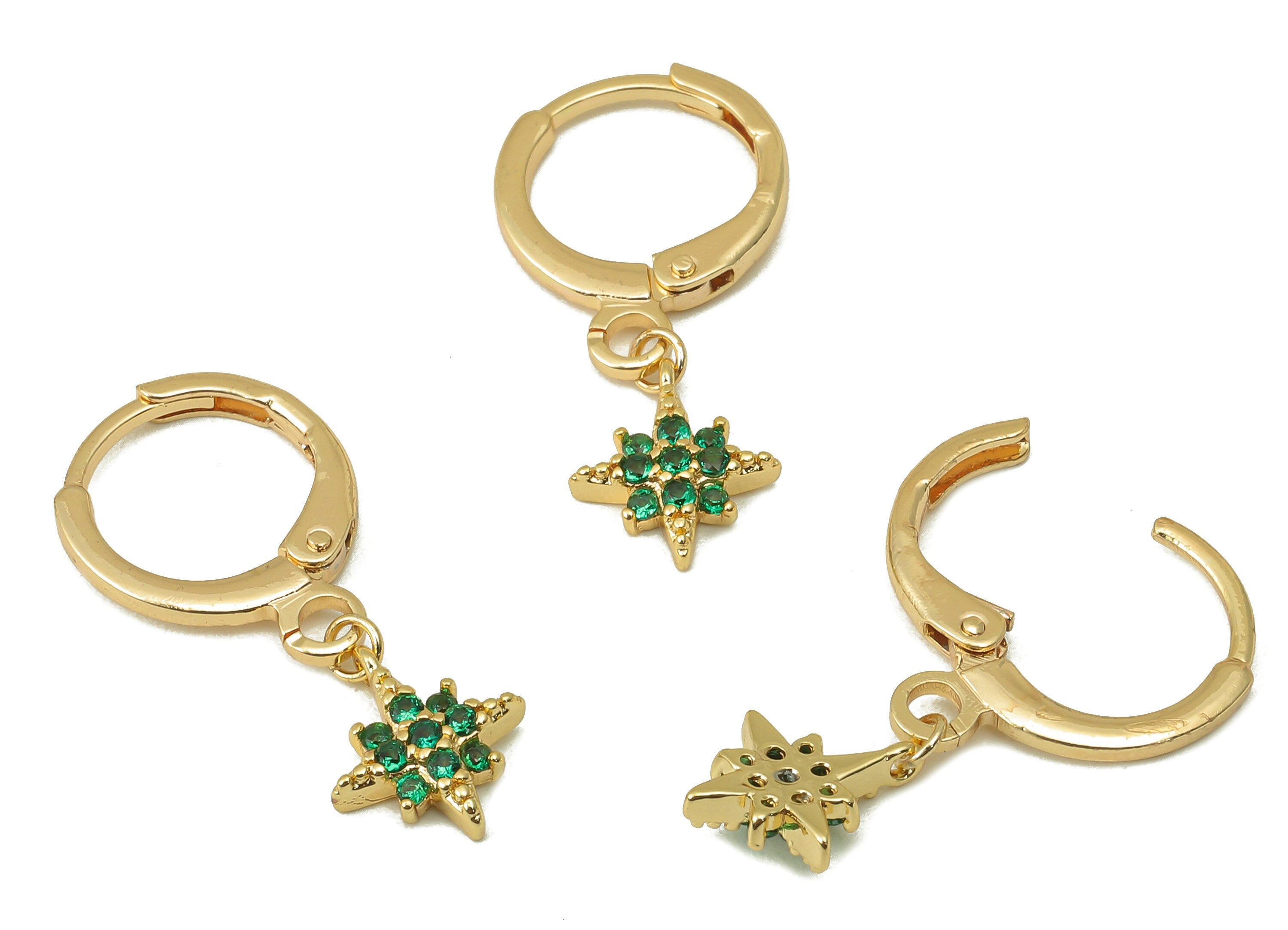 Brass Star Hoop Earring - Brass Green CZ Huggie Hoop -Zirconia Cubic Clasp Hoop Earring -18K Real Gold Plating-24.84x 11.4x 2.03mm-RGP5991 - DOMEDBAZAAR