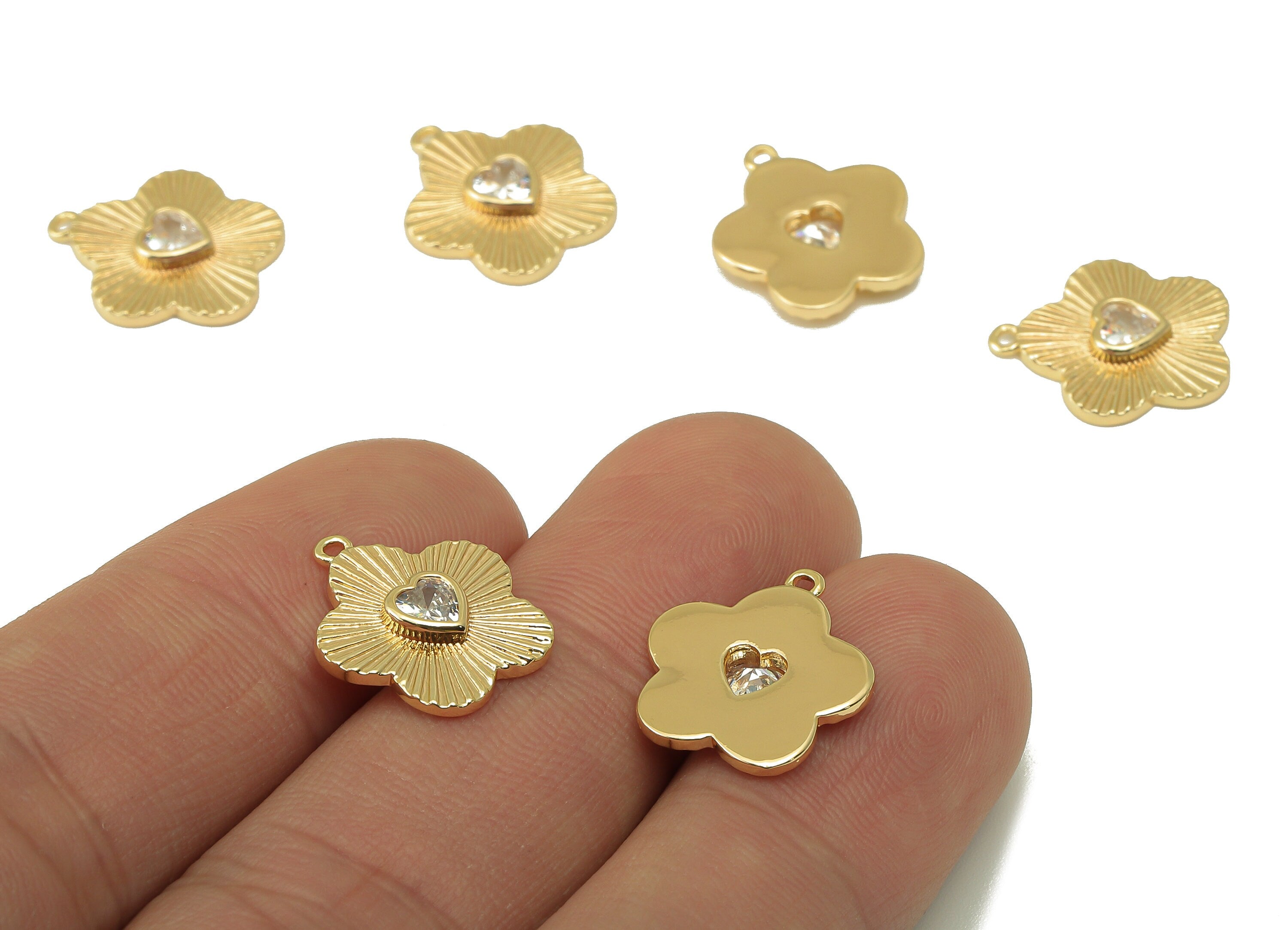 Brass Flower Zircon Charm-Brass Flower Pendant-Flower Zircon Nacklace-Heart Zircon Pendant -Jewelry Supplies-15.55x 12.37x 1.53mm-RGP6134 - DOMEDBAZAAR