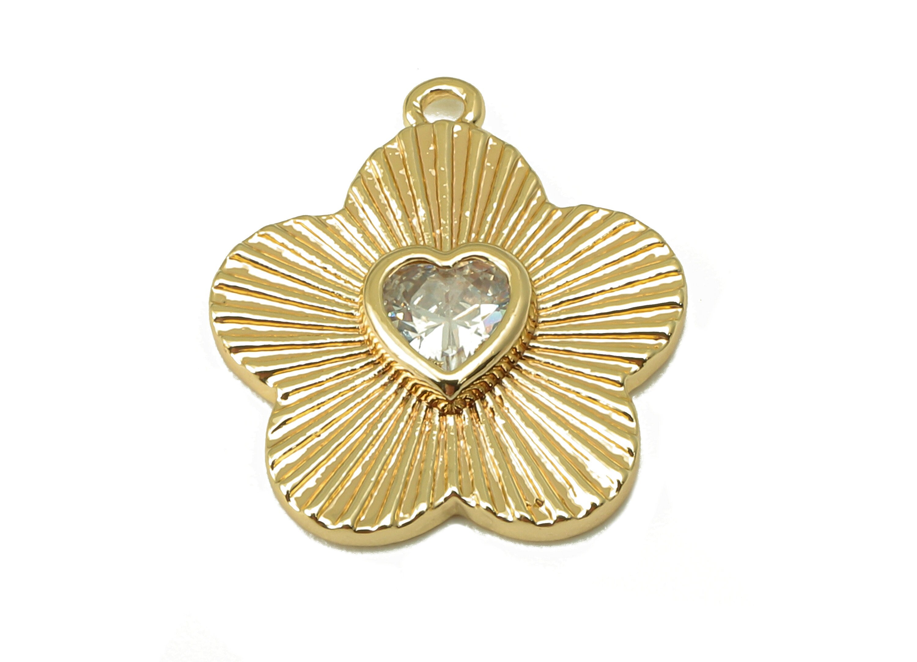 Brass Flower Zircon Charm-Brass Flower Pendant-Flower Zircon Nacklace-Heart Zircon Pendant -Jewelry Supplies-15.55x 12.37x 1.53mm-RGP6134 - DOMEDBAZAAR