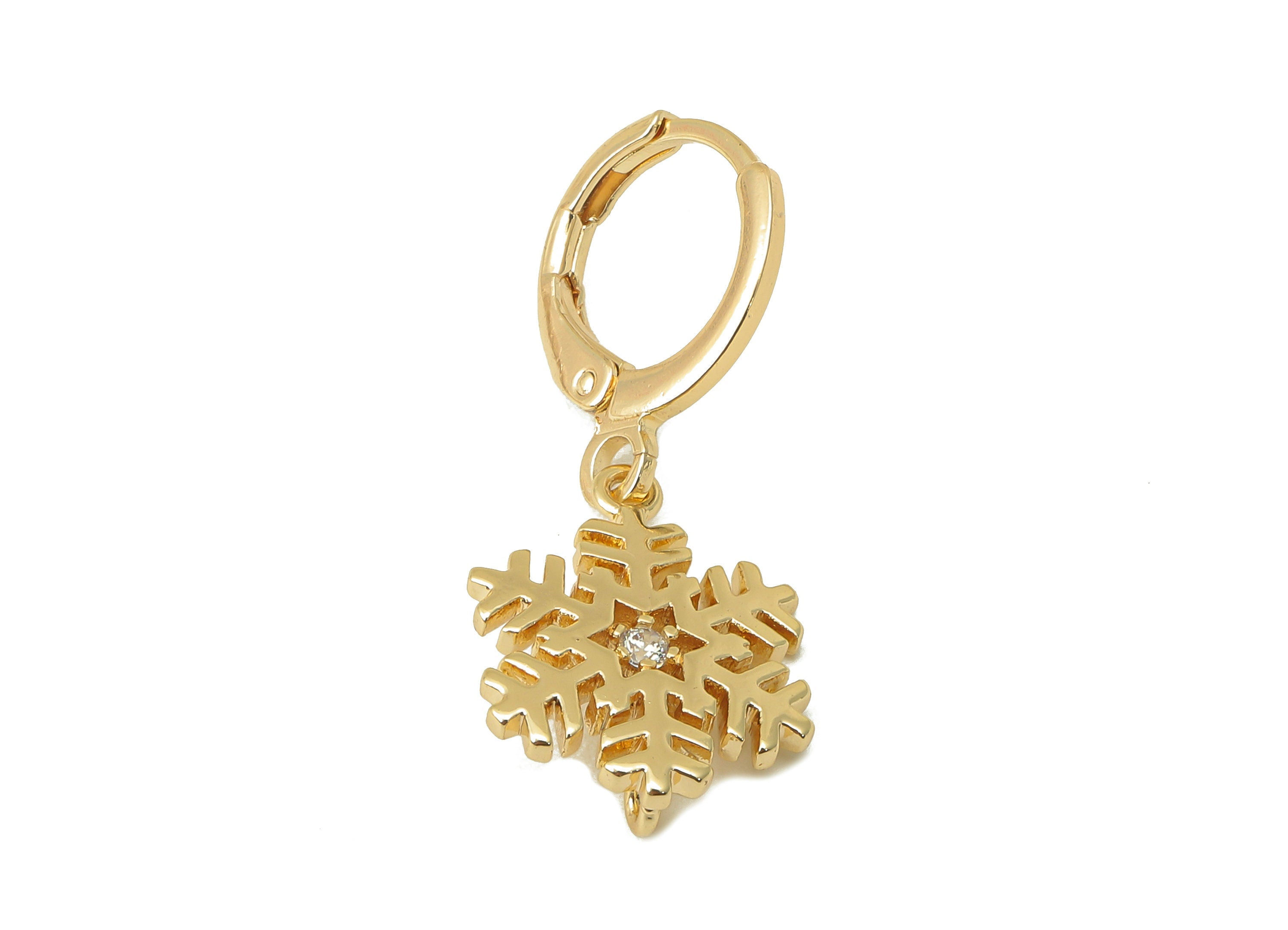 Brass Hoop Earring - Snowflake Huggie Hoop-Cubic Zirconia Clasp Hoop Earring-Huggie Hoop-18K Real Gold Plating-28.27x 11.96x 1.7mm-RGP6000 - DOMEDBAZAAR