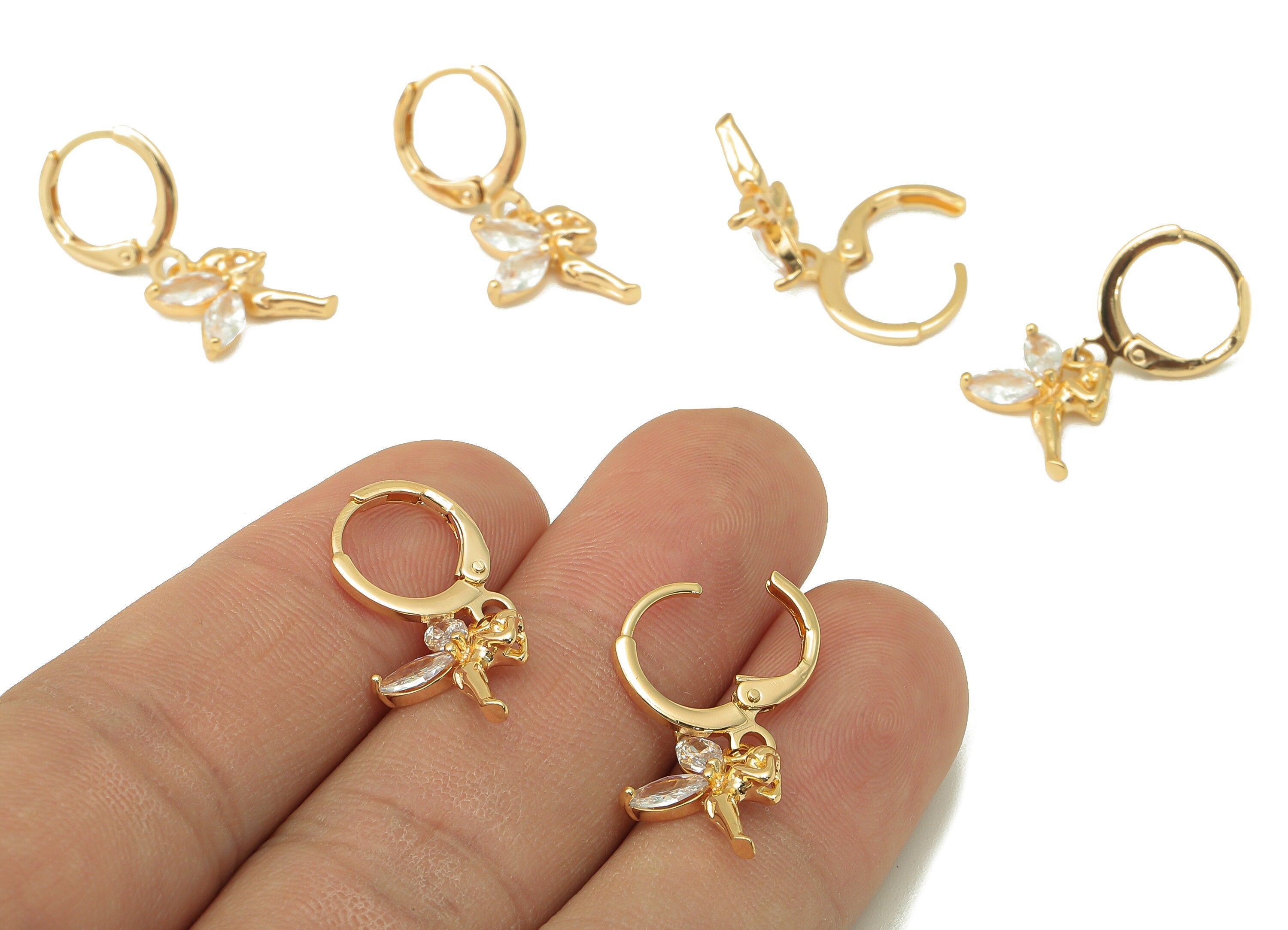 Brass Clasp Angel Earring - Angel Huggie Hoop-Cubic Zirconia Clasp Hoop Earring-Huggie Hoop-18K Real Gold Plating-26.24x11.41x2.74mm-RGP6001 - DOMEDBAZAAR
