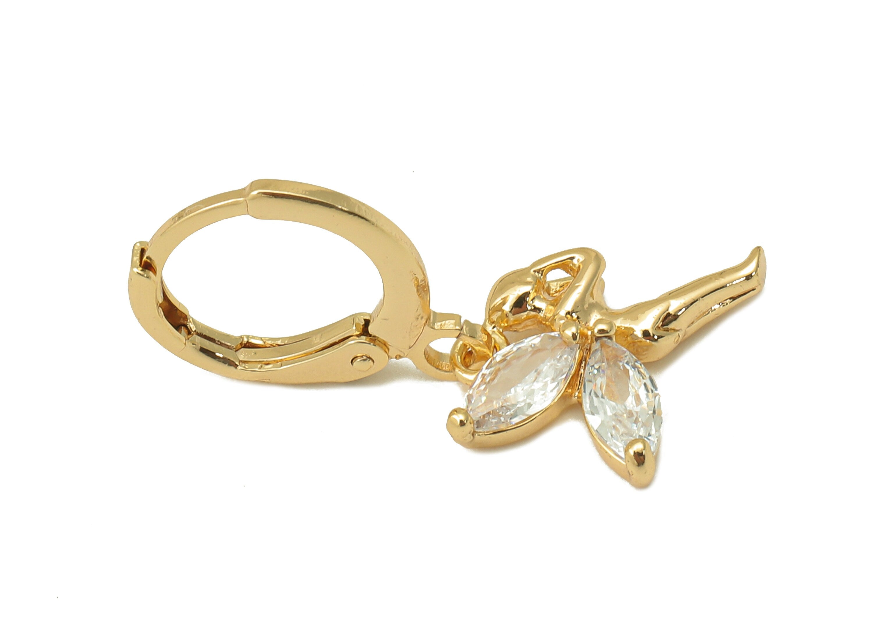 Brass Clasp Angel Earring - Angel Huggie Hoop-Cubic Zirconia Clasp Hoop Earring-Huggie Hoop-18K Real Gold Plating-26.24x11.41x2.74mm-RGP6001 - DOMEDBAZAAR