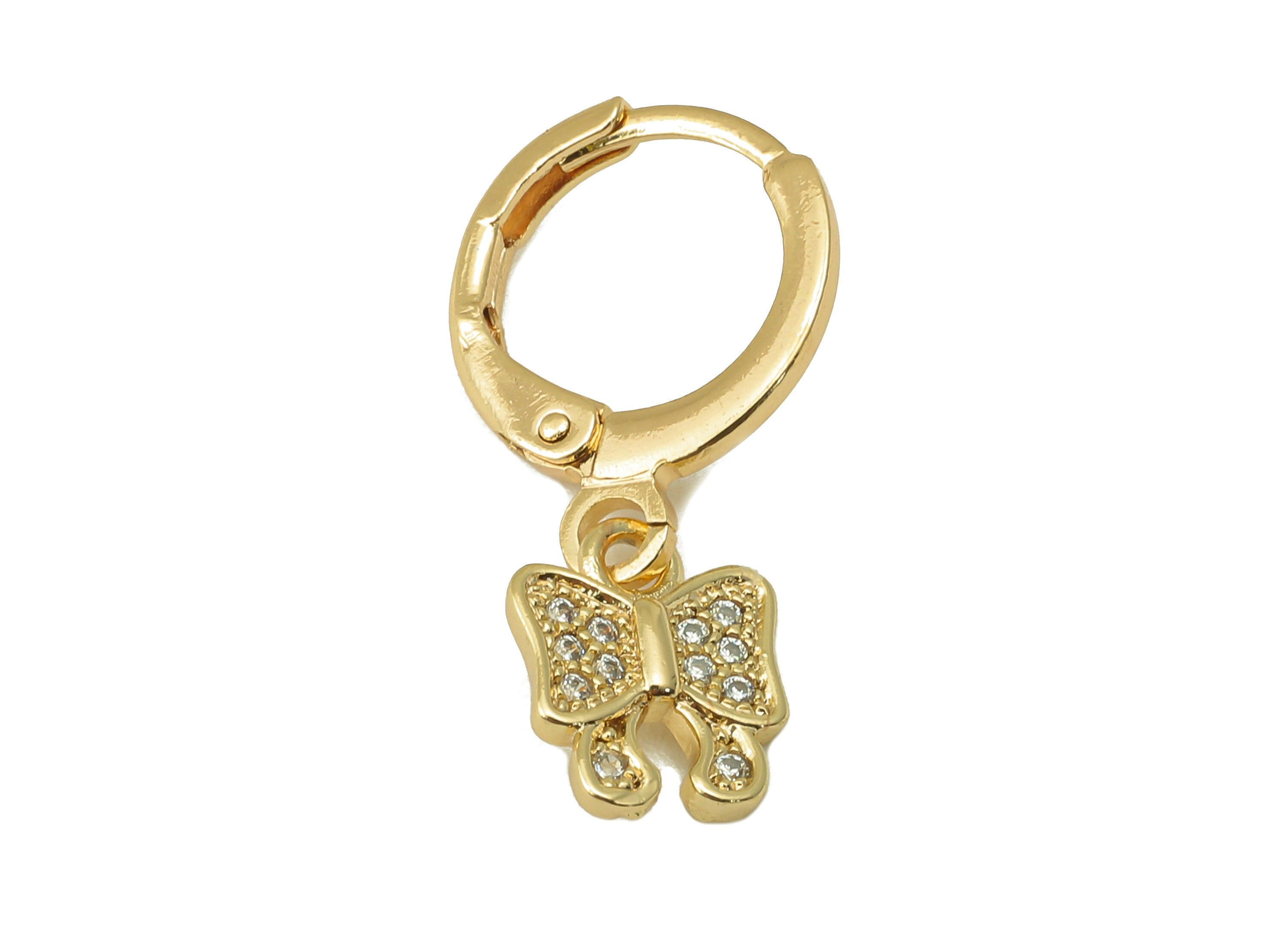 Brass Clasp Butterfly Bow Earring - Huggie Hoop-Cubic Zirconia Clasp Earring-Huggie Hoop-18K Real Gold Plating-23.3x 11.46x 1.58mm-RGP6004 - DOMEDBAZAAR