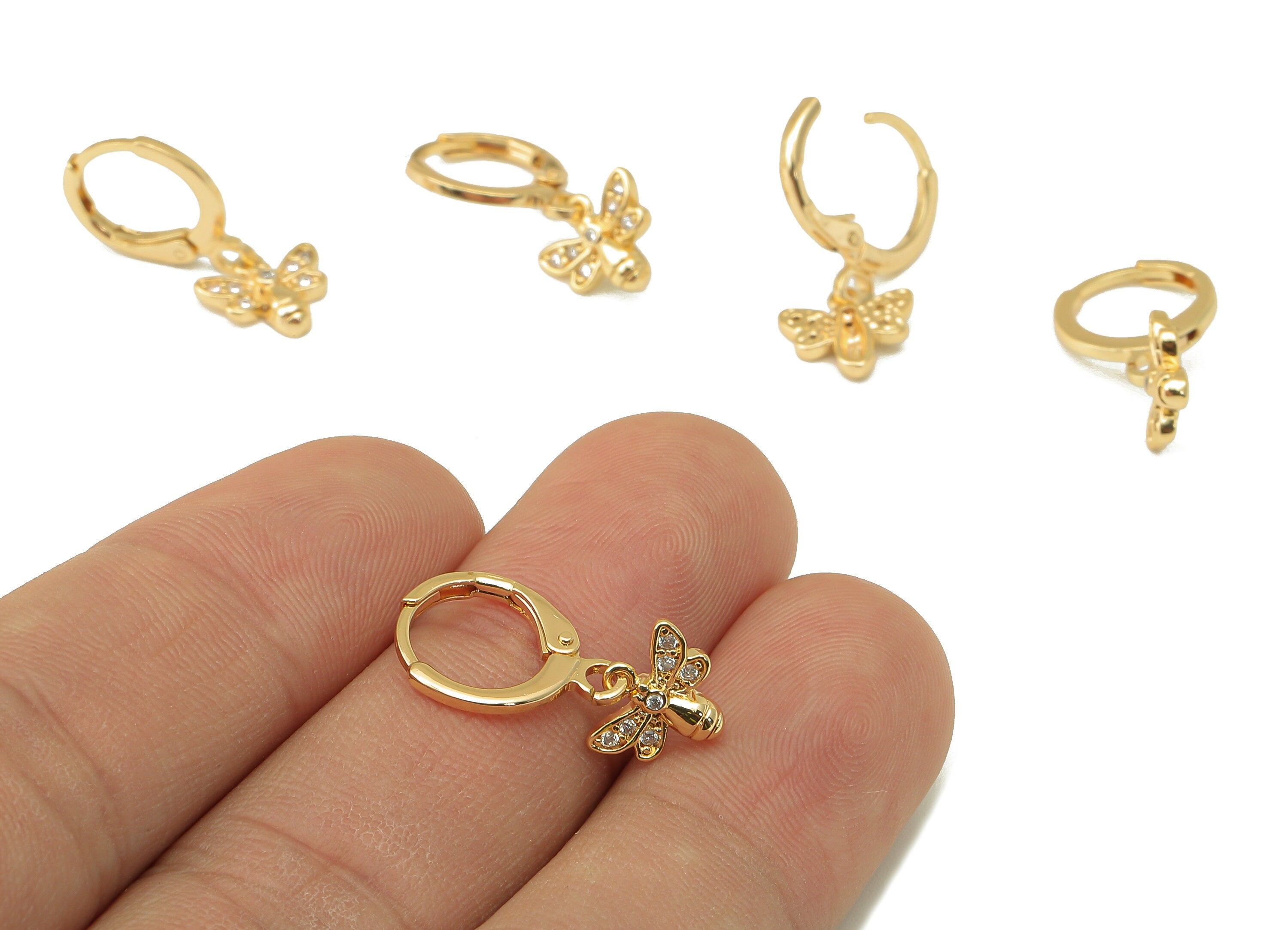 Brass Clasp Bee Earring - Huggie Hoop-Cubic Zirconia Clasp Earring-Huggie Hoop-18K Real Gold Plating-21.8x11.58x 1.84mm-RGP6006 - DOMEDBAZAAR
