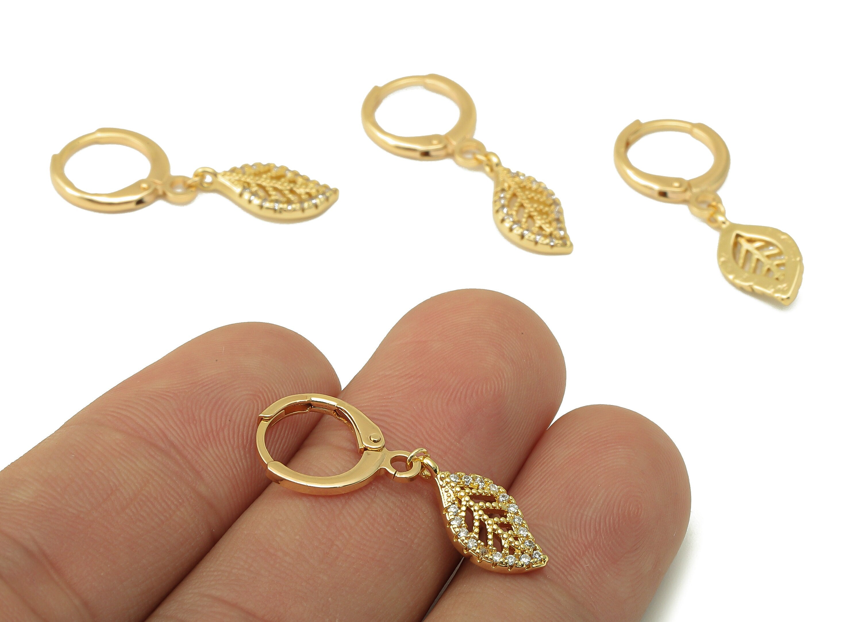 Brass Clasp Leaf Earring -Brass Huggie Hoop-Cubic Zirconia Clasp Earring - Botanical Hoop-18K Real Gold Plating - 29.4x 11.4x2.1mm - RGP6009 - DOMEDBAZAAR