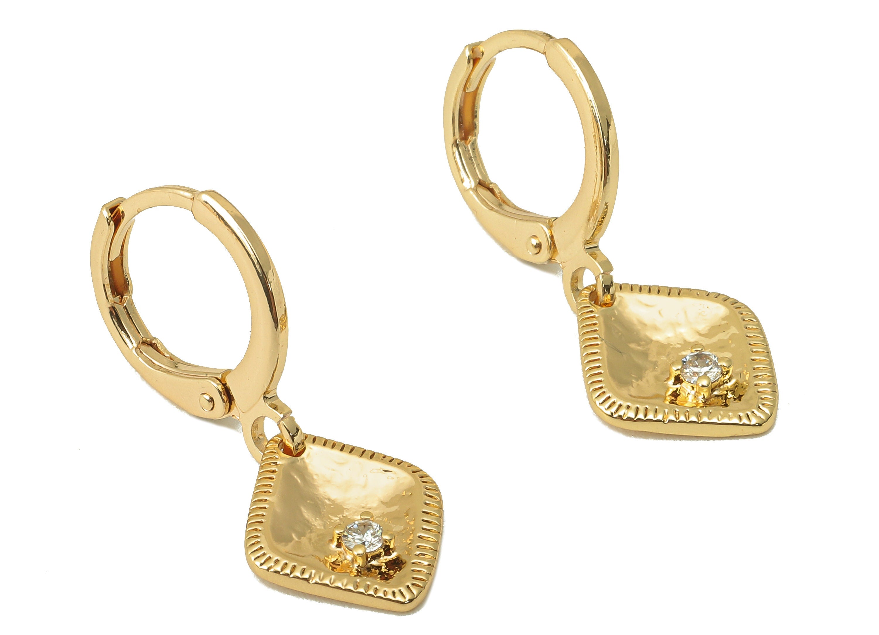 Brass Clasp Rhombus Earring - Brass Hammered Huggie Hoop - Cubic Zirconia Clasp Earring - 18K Real Gold Plating - 24.17x11.5x1.8mm - RGP6018 - DOMEDBAZAAR