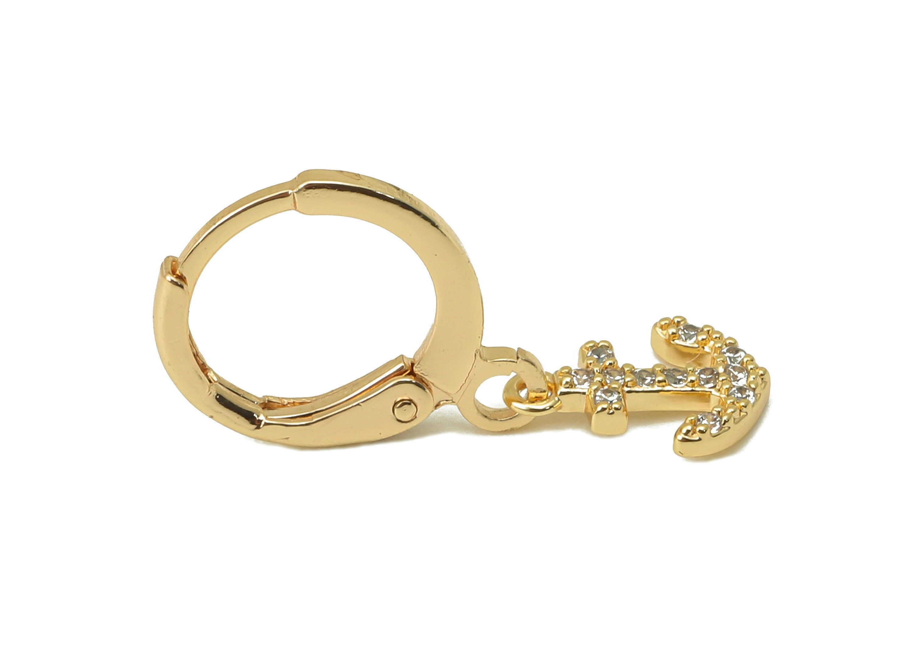 Brass Clasp Anchor Earring - Brass CZ Huggie Hoop - Sagittarius Cubic Zirconia Hoop Earring - 18K Real Gold Plating-23x11.2x1.5mm - RGP6023 - DOMEDBAZAAR