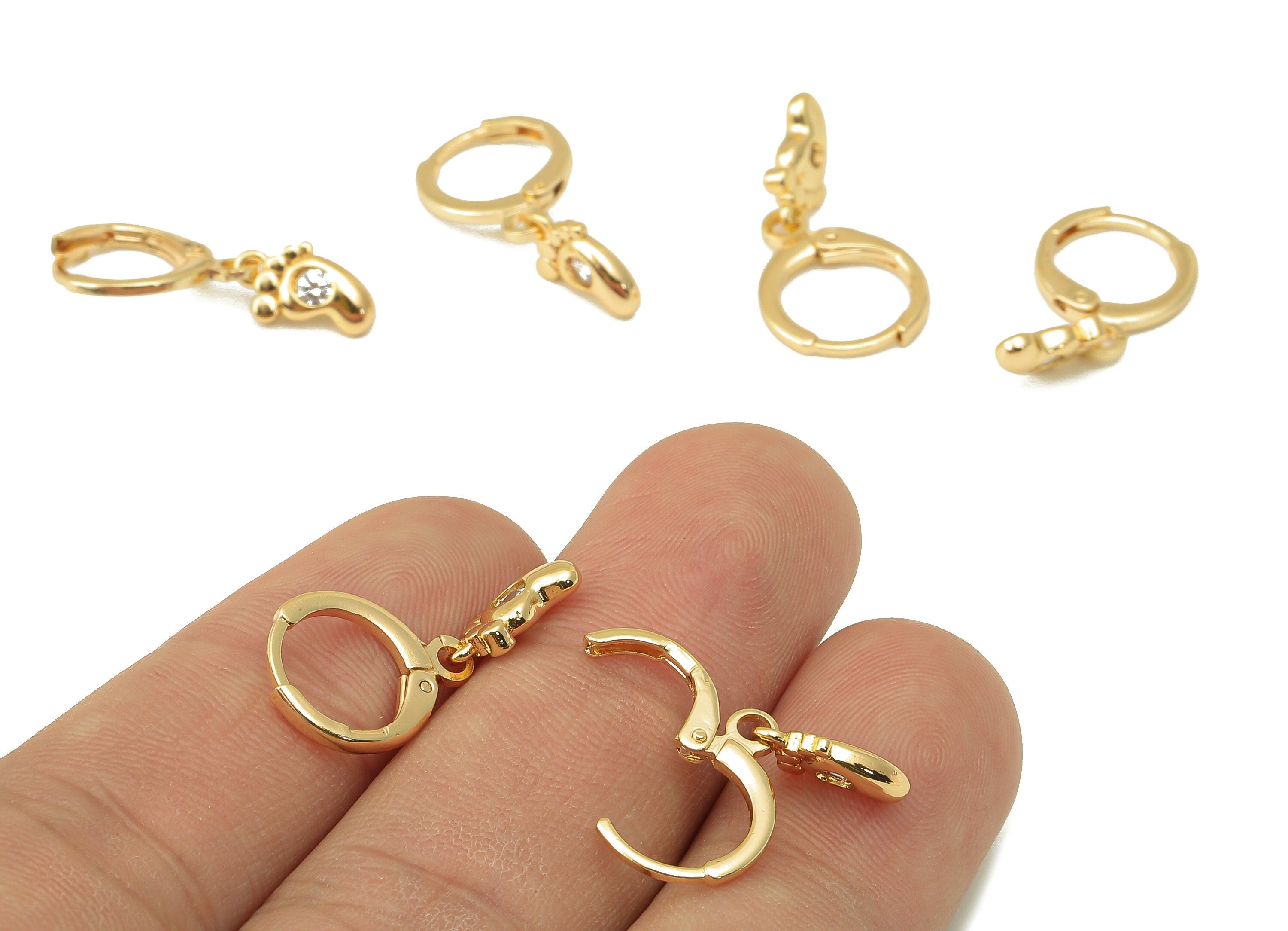 Brass Clasp Foot Earring - Brass CZ Huggie Hoop - Baby Foot Cubic Zirconia Hoop Earring - 18K Real Gold Plating-23.6x 11.83x2.56mm - RGP6025 - DOMEDBAZAAR
