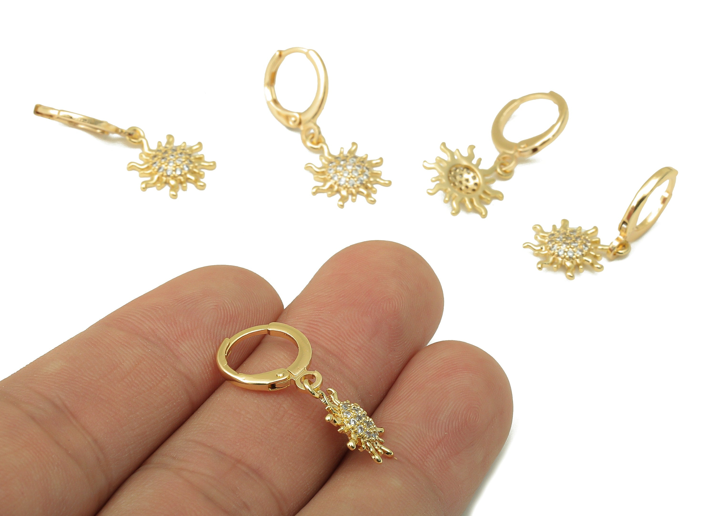 Brass Sun Earring Clasp -Brass Sunshine with Cubic Zirconia Hoop - CZ Huggie Earring - 18K Real Gold Plating-27.7x 11.39x 2.41mm- RGP6031 - DOMEDBAZAAR