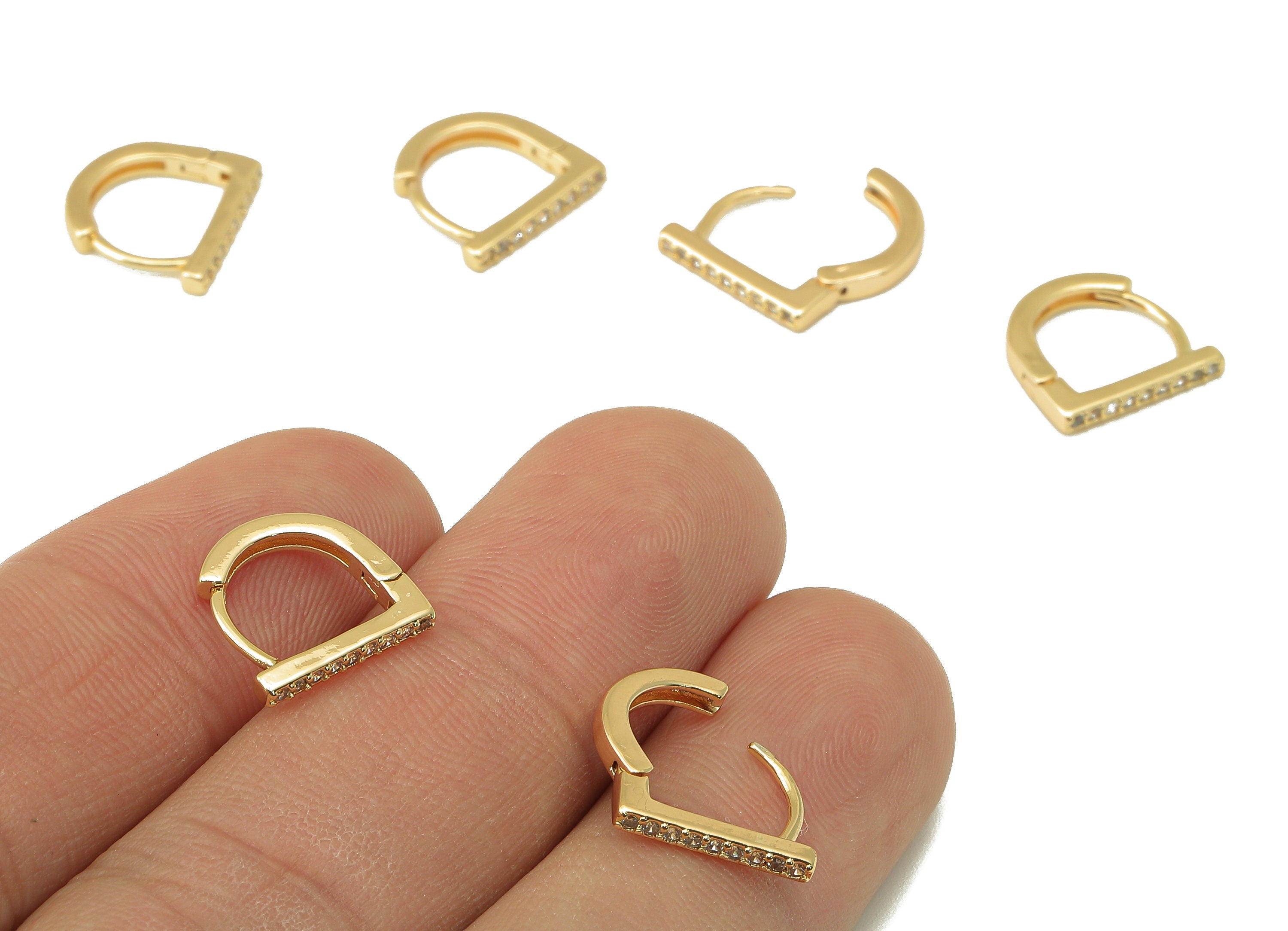 Brass Bar Earring Hoop - Brass Hoop Earring Clasp - Dainty Clasp Hoop Earring-Zirconia - 18K Real Gold Plating - 11.6x11.98x1.87mm - RGP6033 - DOMEDBAZAAR
