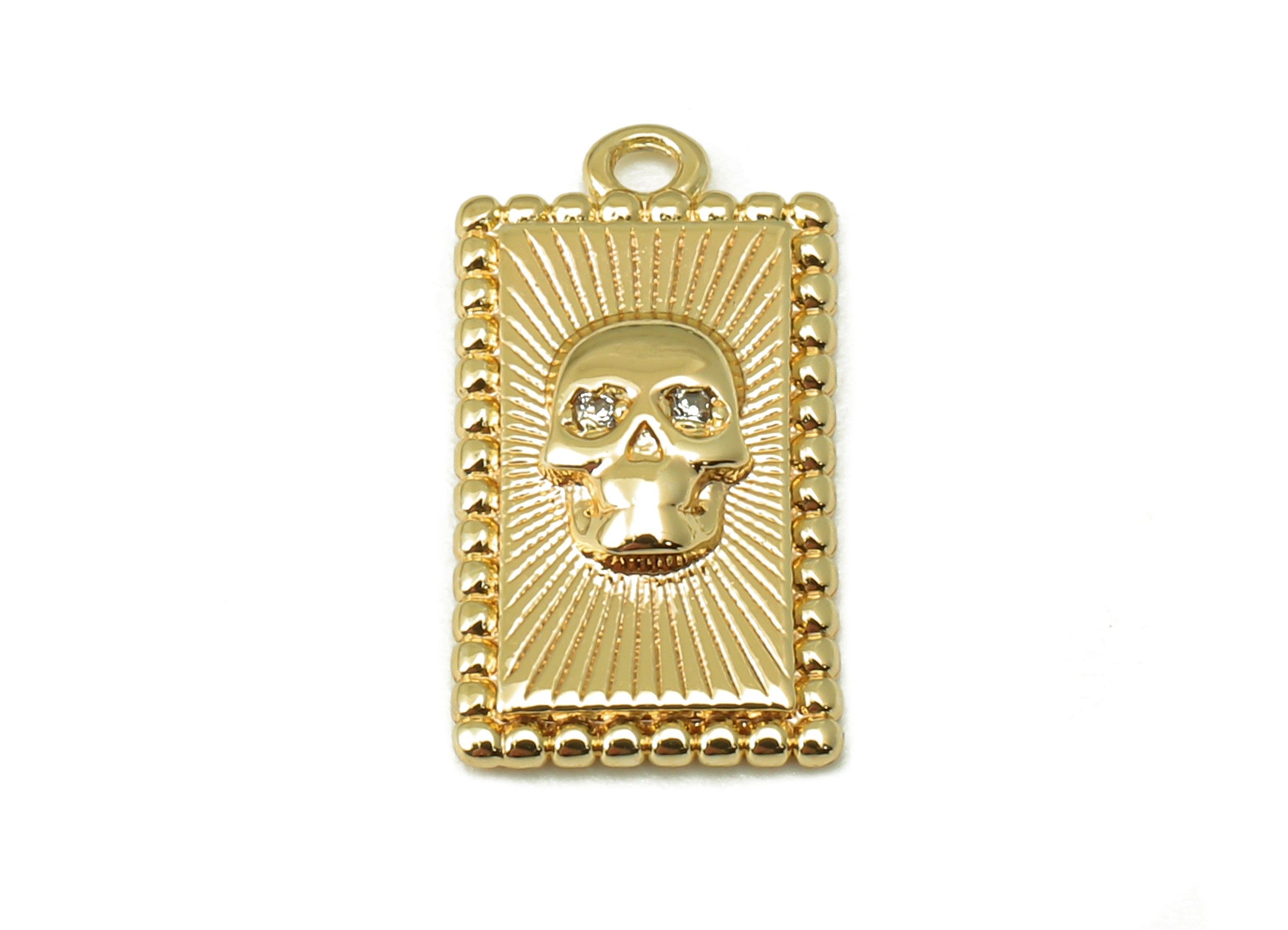 Brass Rectangular Earrings Charms - Brass Zircon Skull Pendant - Rectangular Necklace Pendant - Jewelry Making-16.51x 8.55x 2.64mm-RGP6164 - DOMEDBAZAAR