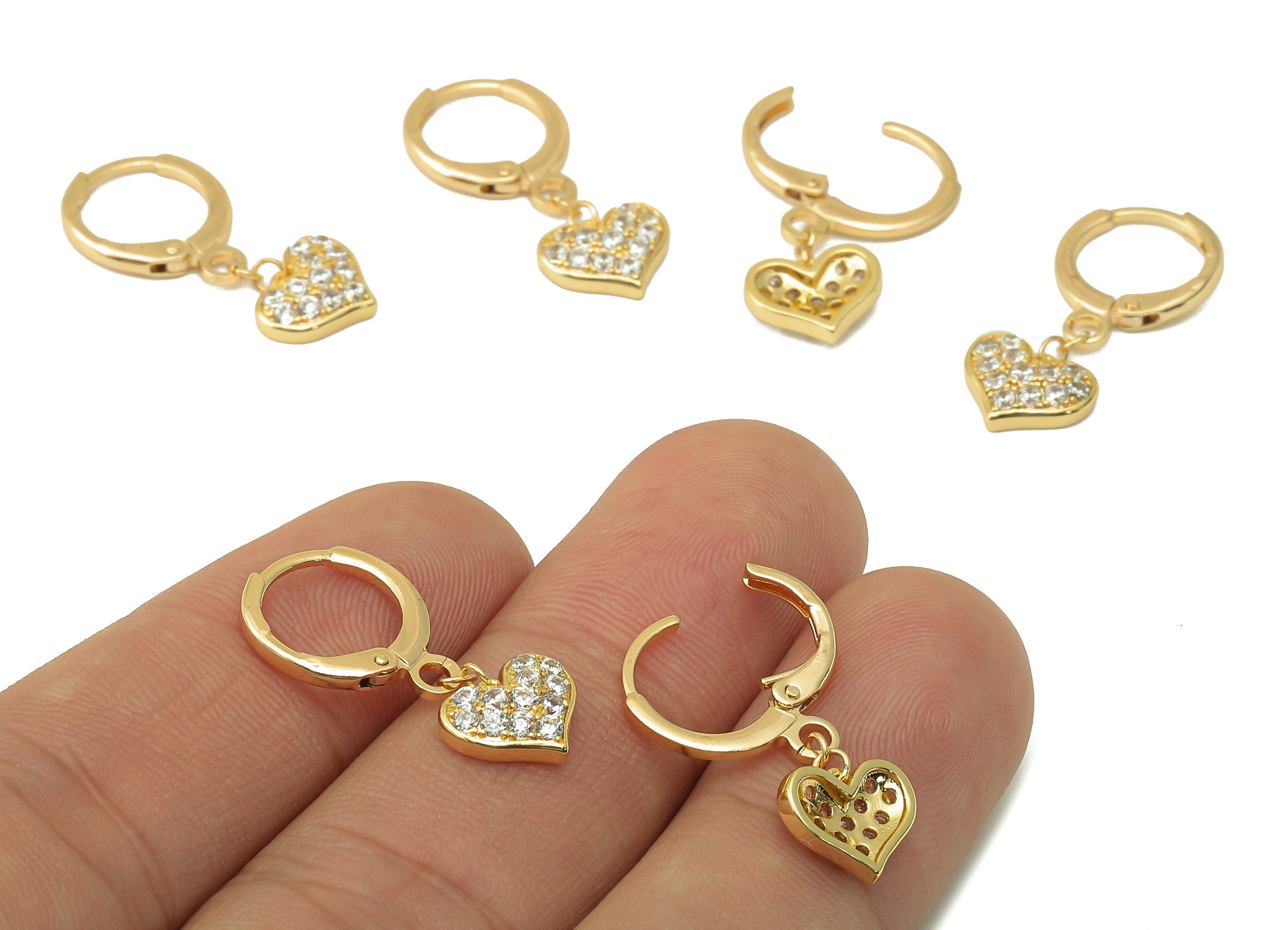 Brass Earring Clasp - Brass Heart with Cubic Zirconia Hoop - CZ Huggie Earring- 18K Real Gold Plating - 24.46x11.32x 1.72mm - RGP6040 - DOMEDBAZAAR