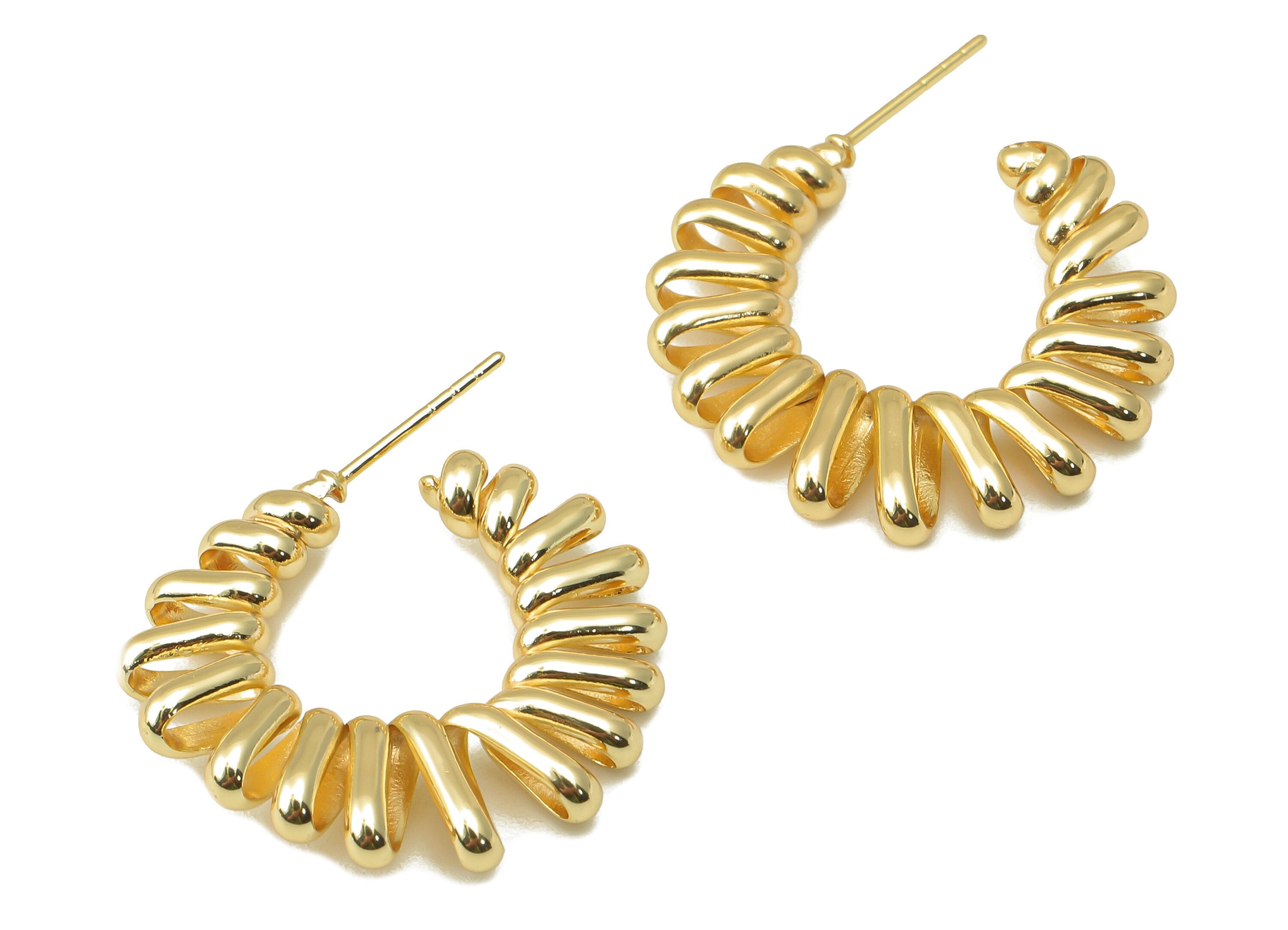 Brass Spring Stud Earring - Brass Spiral Wire Earring - Open C Hoop Earring Post - 18K Real Gold Plating - 25.53x 25.7x 3.75mm - RGP6053 - DOMEDBAZAAR