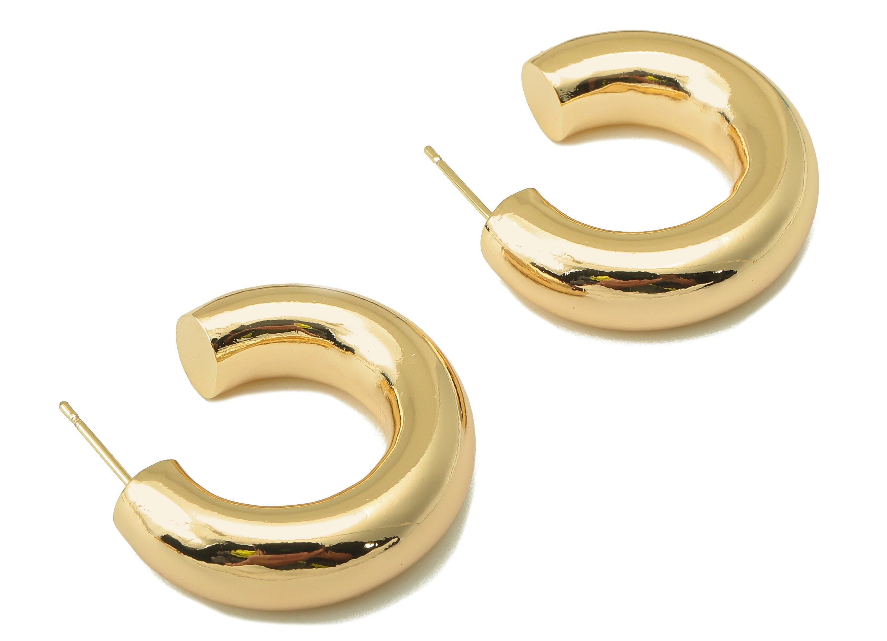 Brass C Hoop Stud Earring - Brass Round Earring Stud - Thick Open Hoop Earring Post - 18K Real Gold Plating - 29.82x 28.01x 7.39mm - RGP6055 - DOMEDBAZAAR