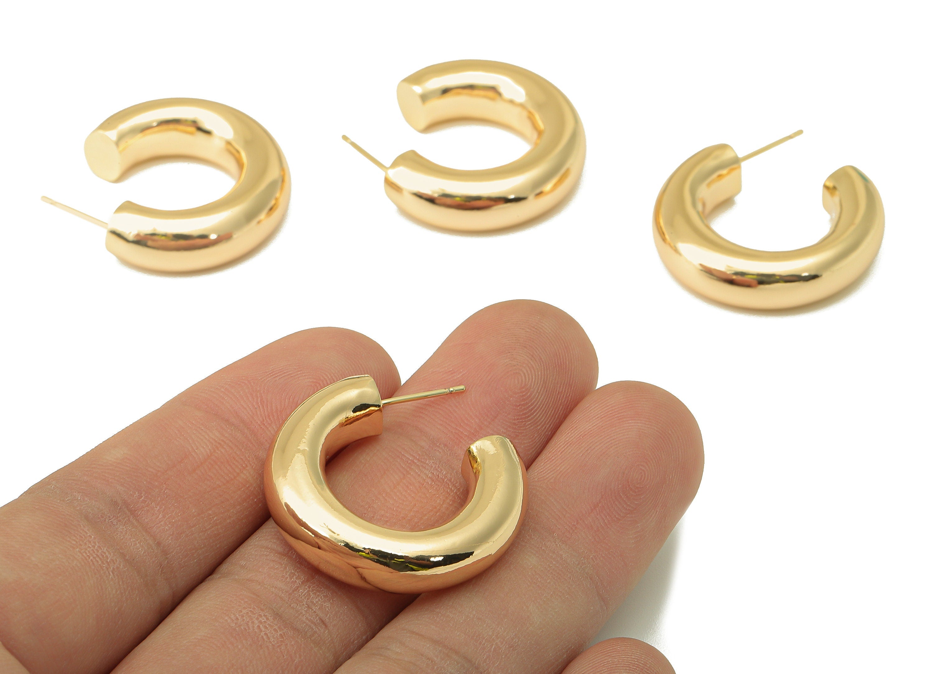 Brass C Hoop Stud Earring - Brass Round Earring Stud - Thick Open Hoop Earring Post - 18K Real Gold Plating - 29.82x 28.01x 7.39mm - RGP6055 - DOMEDBAZAAR