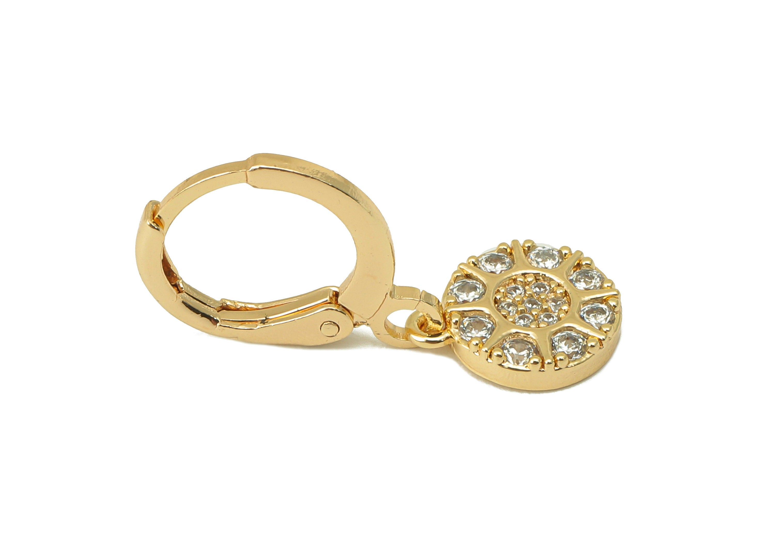 Brass Clasp Earring - Brass CZ Round Sun Earring Huggie - Cubic Zirconia Earring Hoop- 18K Real Gold Plating - 22.89x 11.27x 1.7mm - RGP6057 - DOMEDBAZAAR