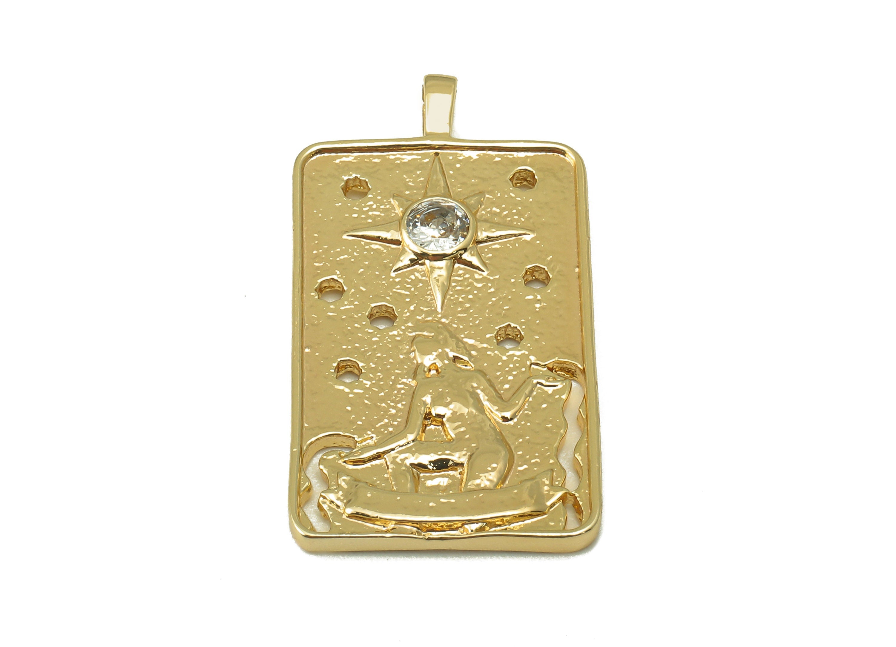Brass Rectangle Ladies Figure Pendant - Brass Zircon Sun Earrings -For Necklace- Holes Pendant - Jewelry Making-30.61x16.47 x 2.42mm-RGP6193 - DOMEDBAZAAR