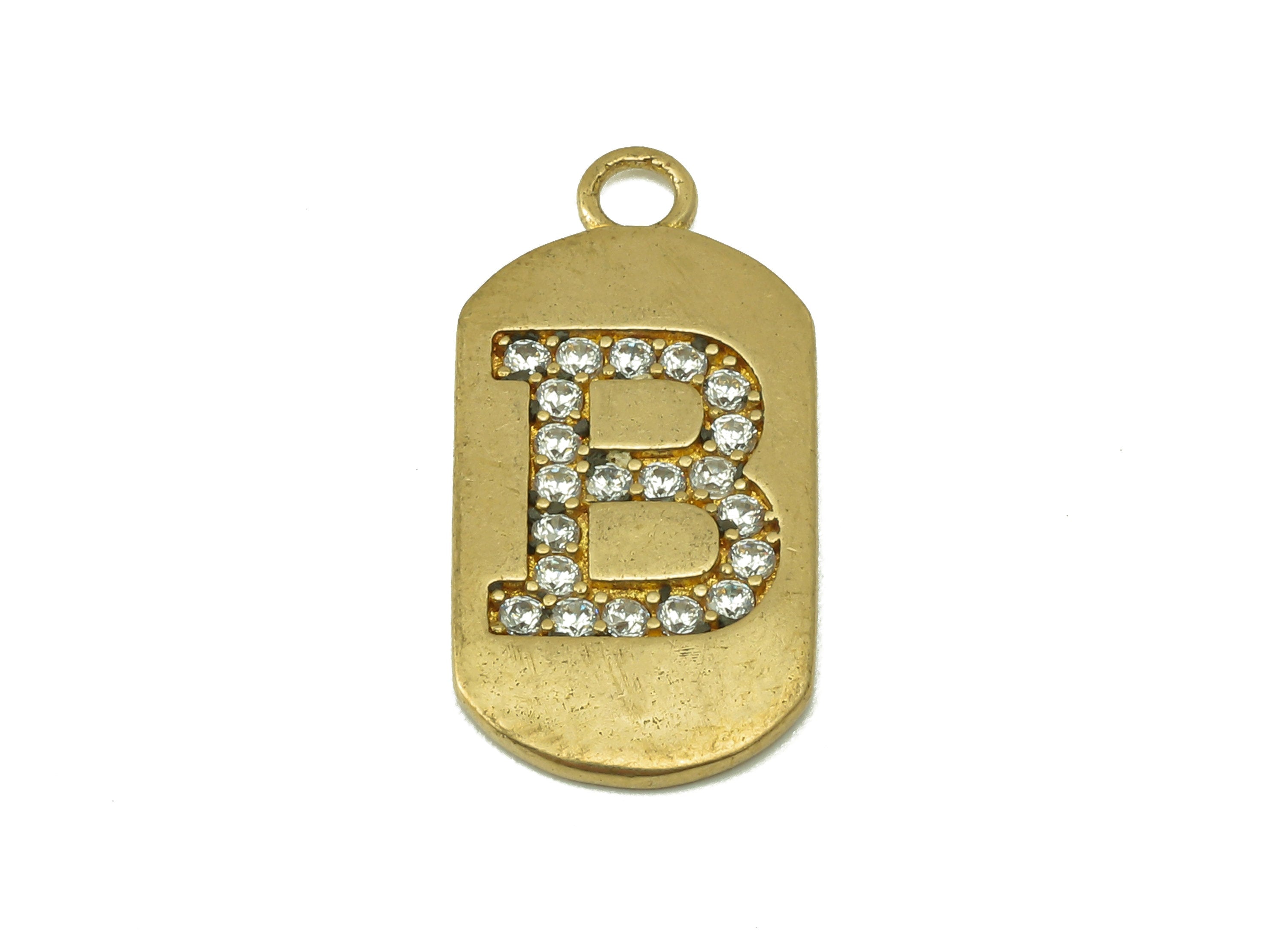 Brass Earring Charms - Raw Brass Long Oval Letter B with Zircons - Cubic Zircons Initial B - Jewelry Making Supplies - 24x11x1.6mm - PP7442B - DOMEDBAZAAR