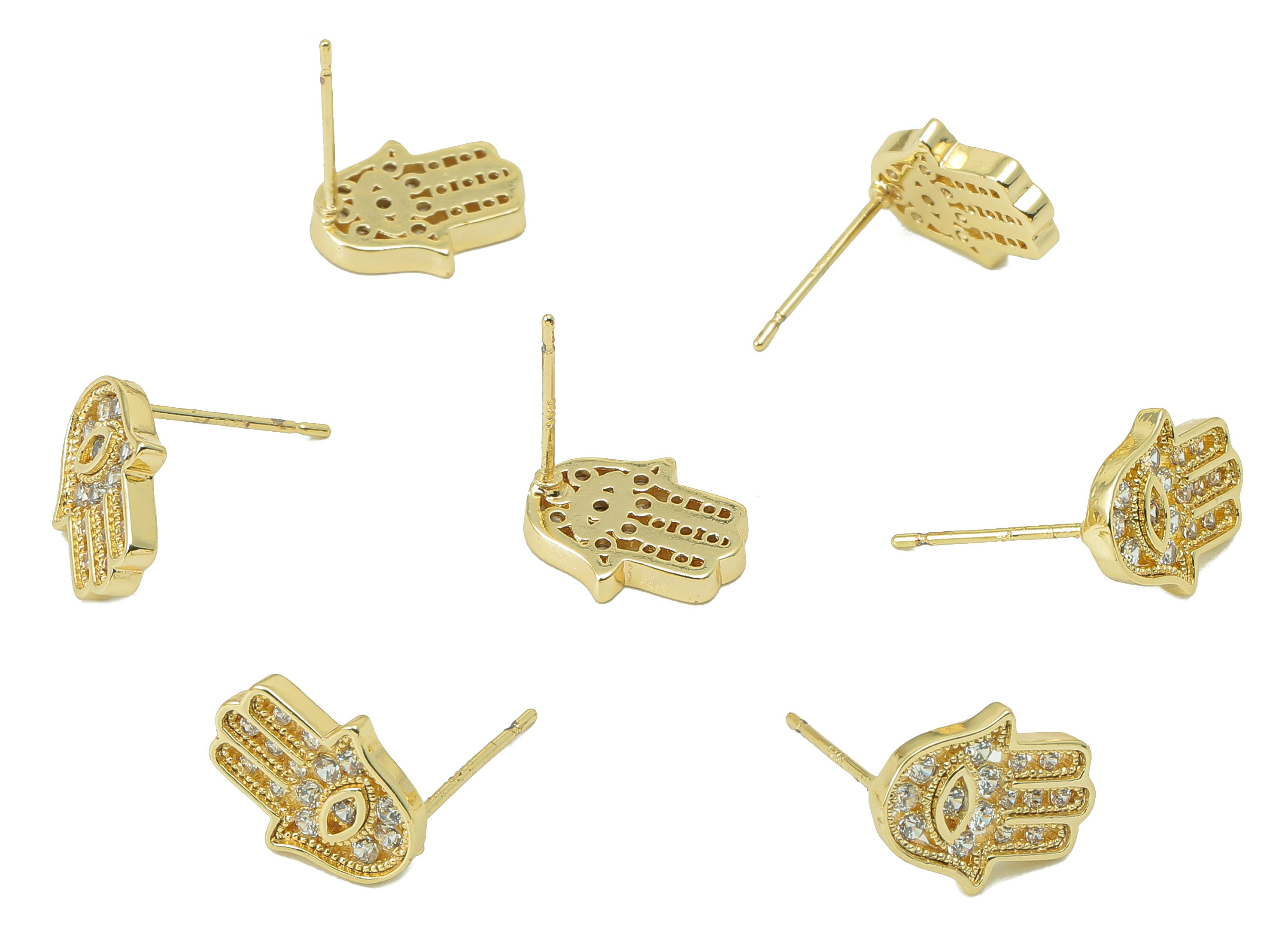 Brass Hamsa Stud Earring -Evil Eye Cubic Zirconia CZ Stud - Solid Gold mini Hamsa Earrings - 18K Real Gold Plating -12.06x9.97x1.7mm-RGP5833 - DOMEDBAZAAR