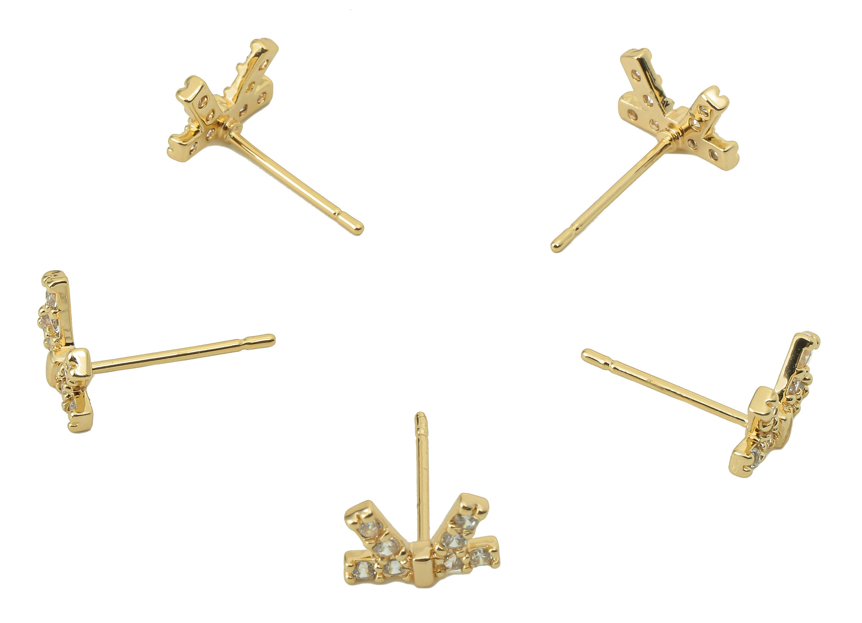 Brass Butterfly Bow Earring Post -Brass Bowtie Cubic Zirconia Stud - CZ Stud Earrings - 18K Real Gold Plating -9.46x 6.19x 1.34mm- RGP5834 - DOMEDBAZAAR