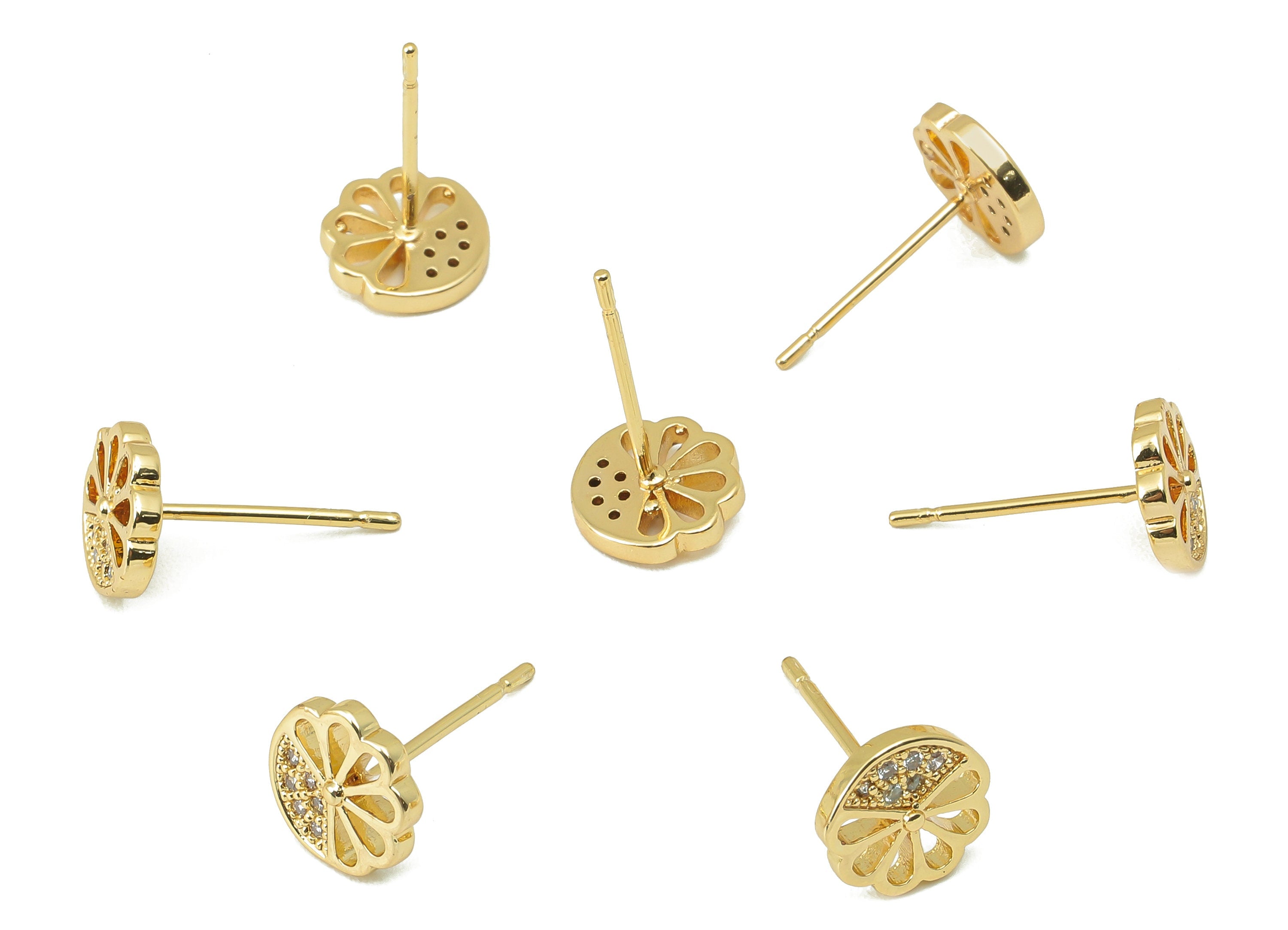Brass Flower Stud Earring -Brass Flower Cubic Zirconia Earring Stud - CZ Earrings Stud - 18K Real Gold Plating -8.08x 8.08x1.5mm- RGP5835 - DOMEDBAZAAR