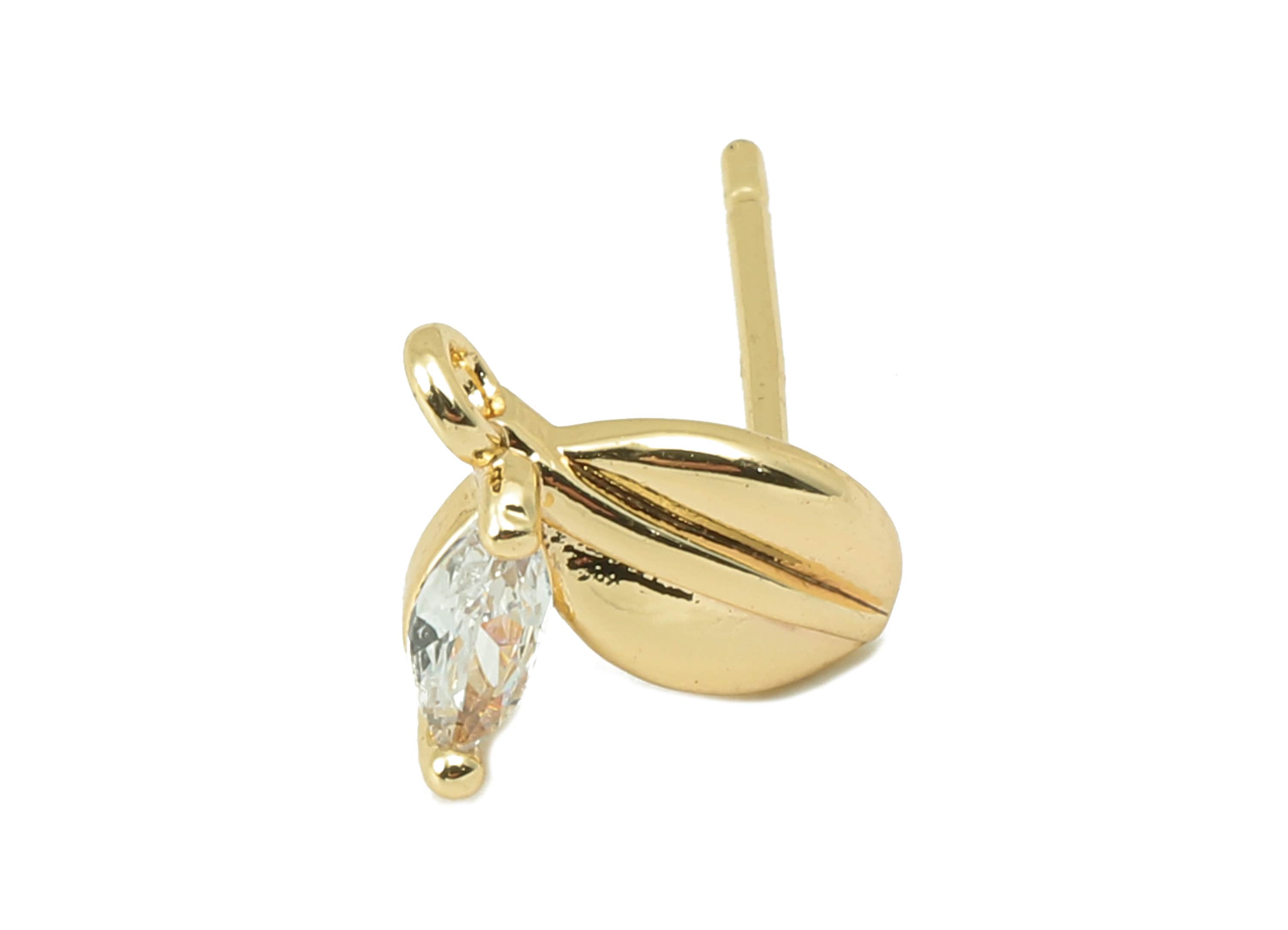 Brass Laef Stud Earring -Brass Leaf With Marquies CZ - Cubic Zirconia Stud With Loop - 18K Real Gold Plating -8.08x 8.08x1.5mm- RGP5836 - DOMEDBAZAAR