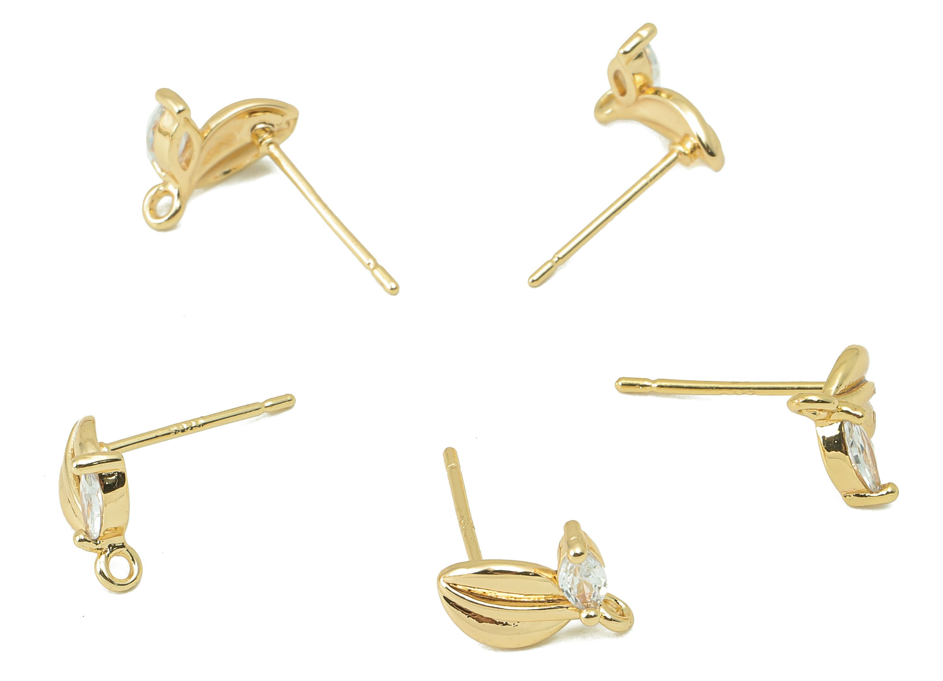Brass Laef Stud Earring -Brass Leaf With Marquies CZ - Cubic Zirconia Stud With Loop - 18K Real Gold Plating -8.08x 8.08x1.5mm- RGP5836 - DOMEDBAZAAR