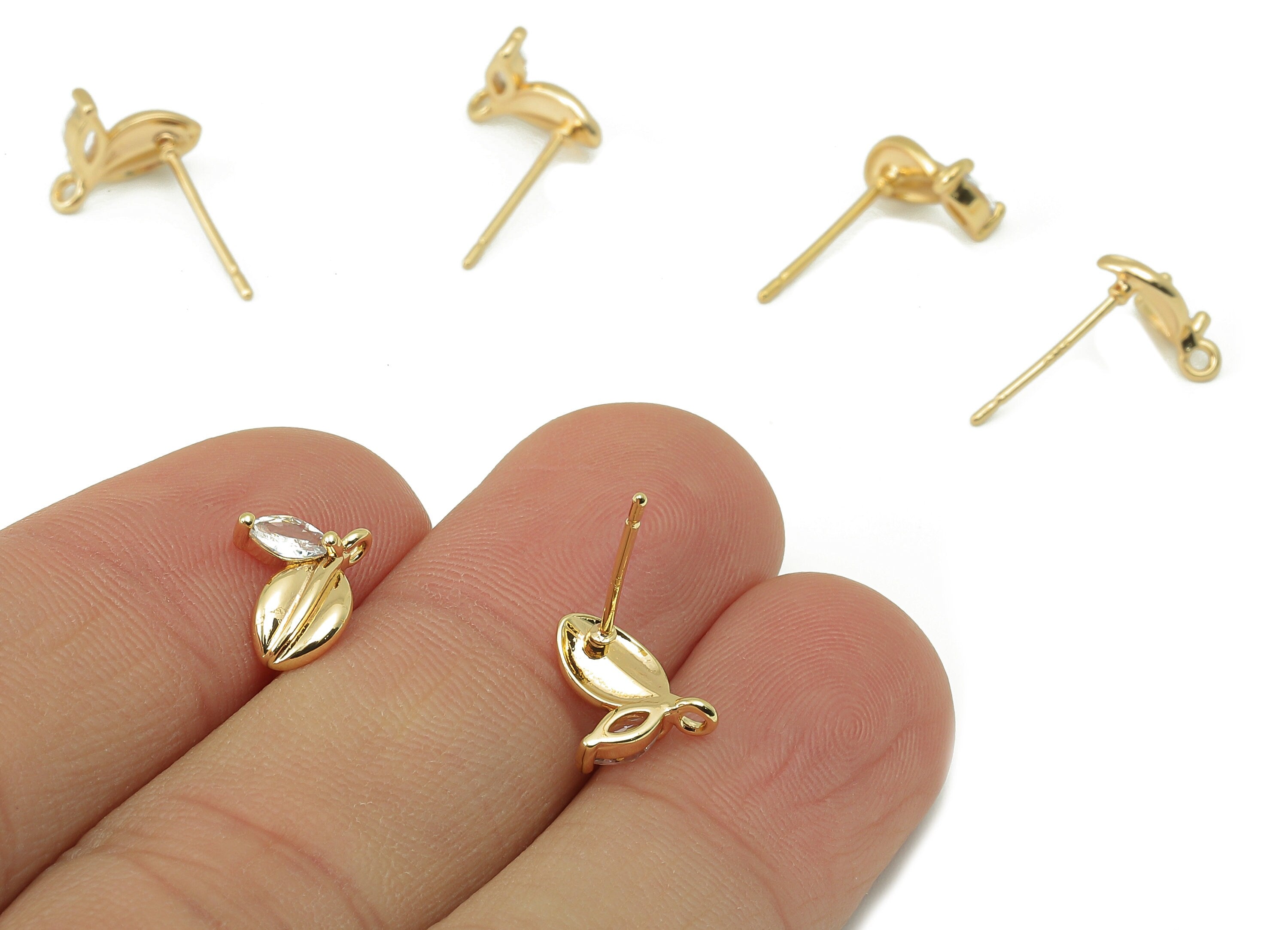 Brass Laef Stud Earring -Brass Leaf With Marquies CZ - Cubic Zirconia Stud With Loop - 18K Real Gold Plating -8.08x 8.08x1.5mm- RGP5836 - DOMEDBAZAAR