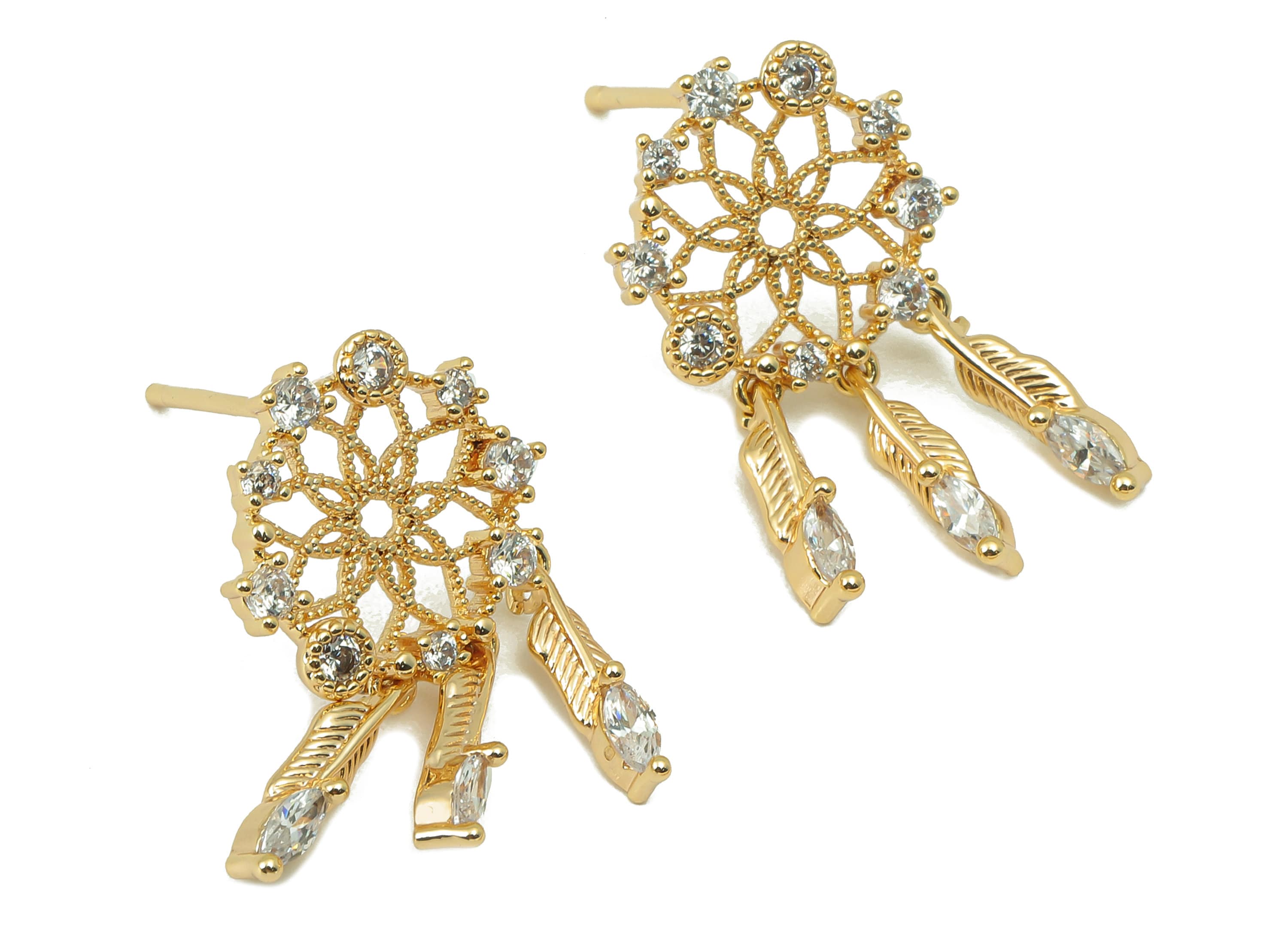 Brass Round Flower Earring Post -Brass Hanging Feather with Feathers Stud - CZ Stud Earring -18K Real Gold Plating-10.09x9.74x4.12mm-RGP5839 - DOMEDBAZAAR