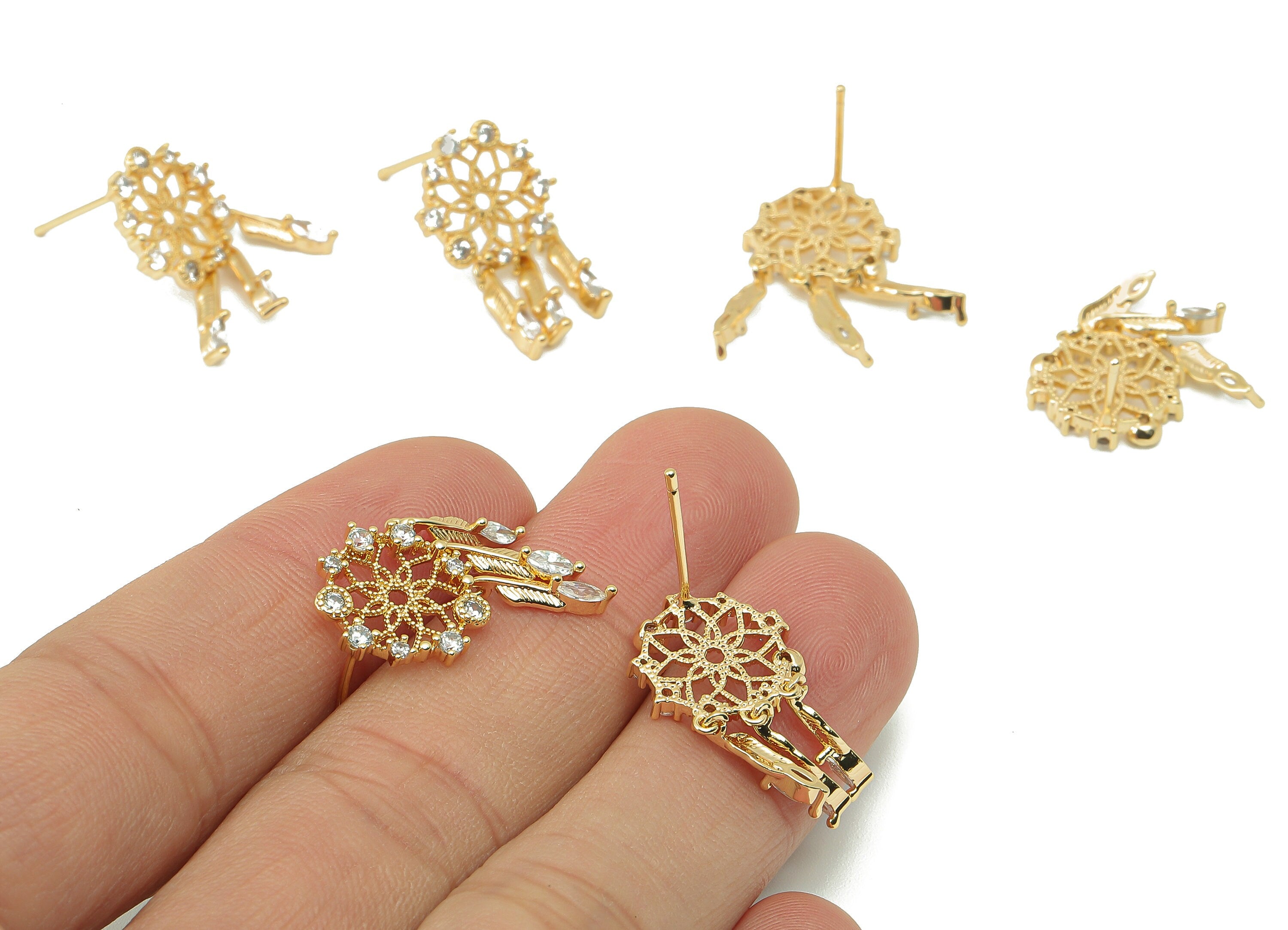 Brass Round Flower Earring Post -Brass Hanging Feather with Feathers Stud - CZ Stud Earring -18K Real Gold Plating-10.09x9.74x4.12mm-RGP5839 - DOMEDBAZAAR