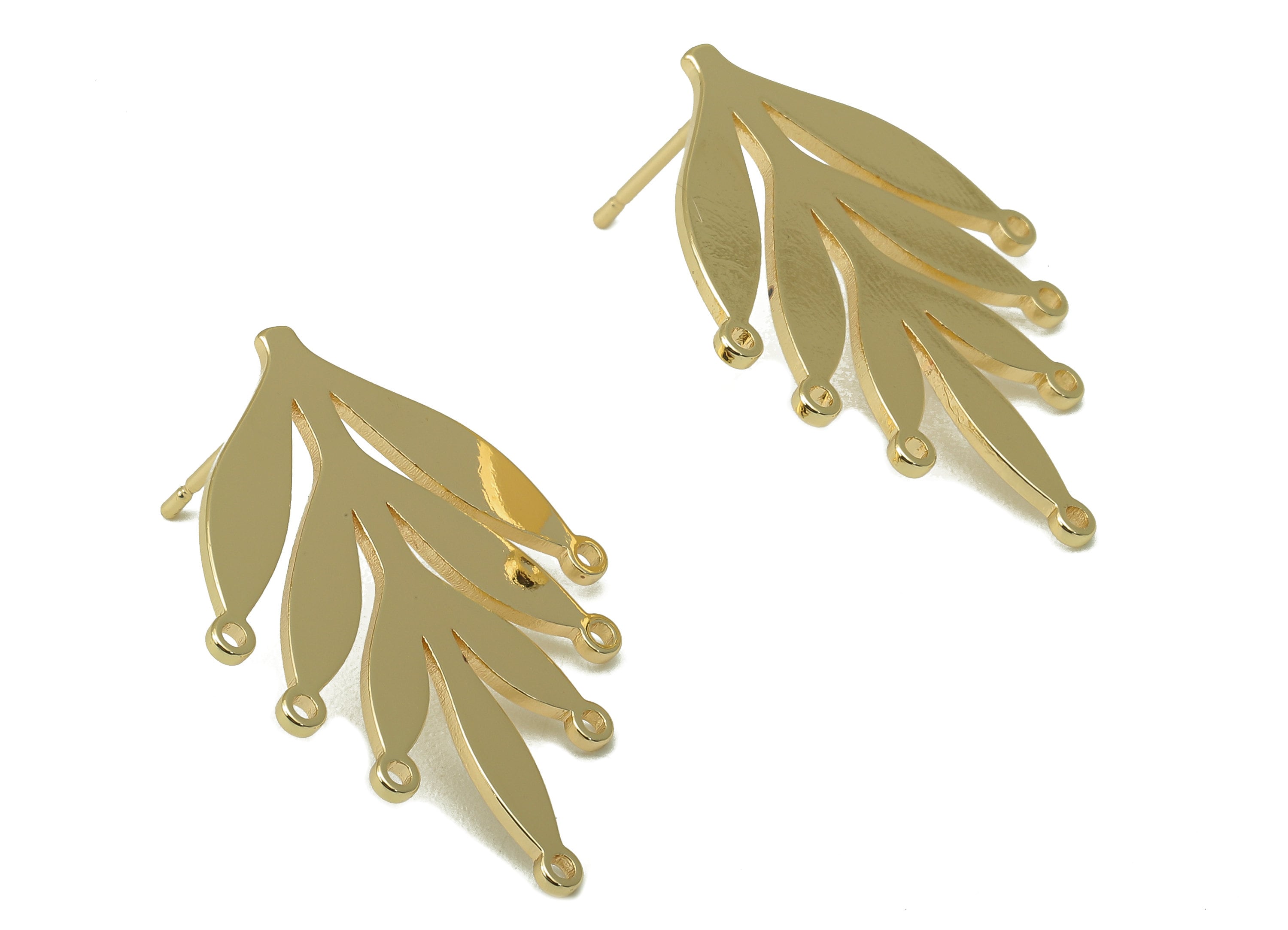 Brass Spruce Stud Earring - Brass Botanical Earring Post -leaf Earring Post with Holes - 18K Real Gold Plating - 30.57x23.4x1mm - RGP5910G - DOMEDBAZAAR
