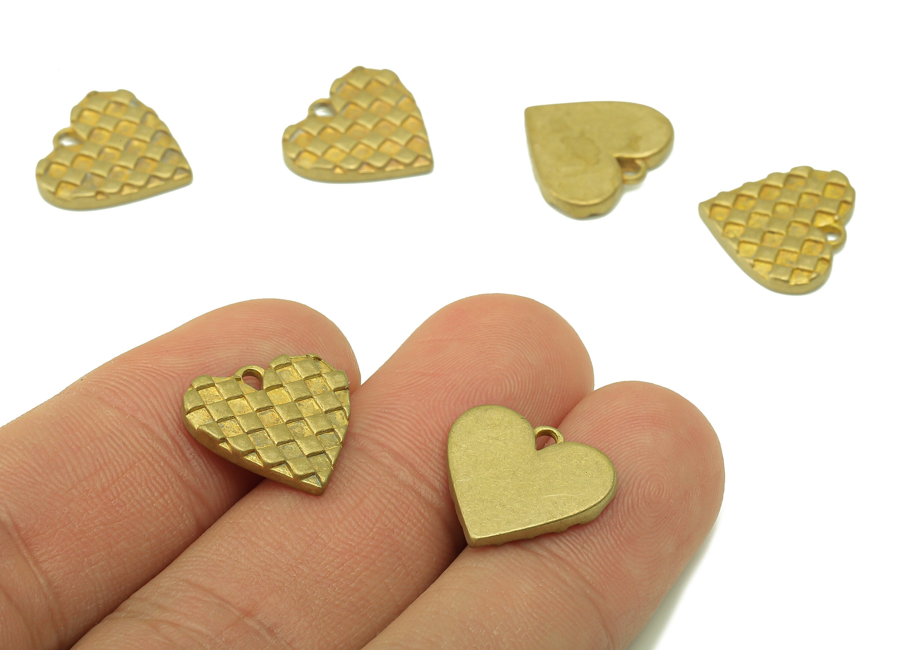 Brass Heart Earring Charms - Raw Brass Heart Pendant For Necklace - Square Grid Earring Charms - Jewelry Making - 14.8x15.6 x 2.2mm - PP8555 - DOMEDBAZAAR