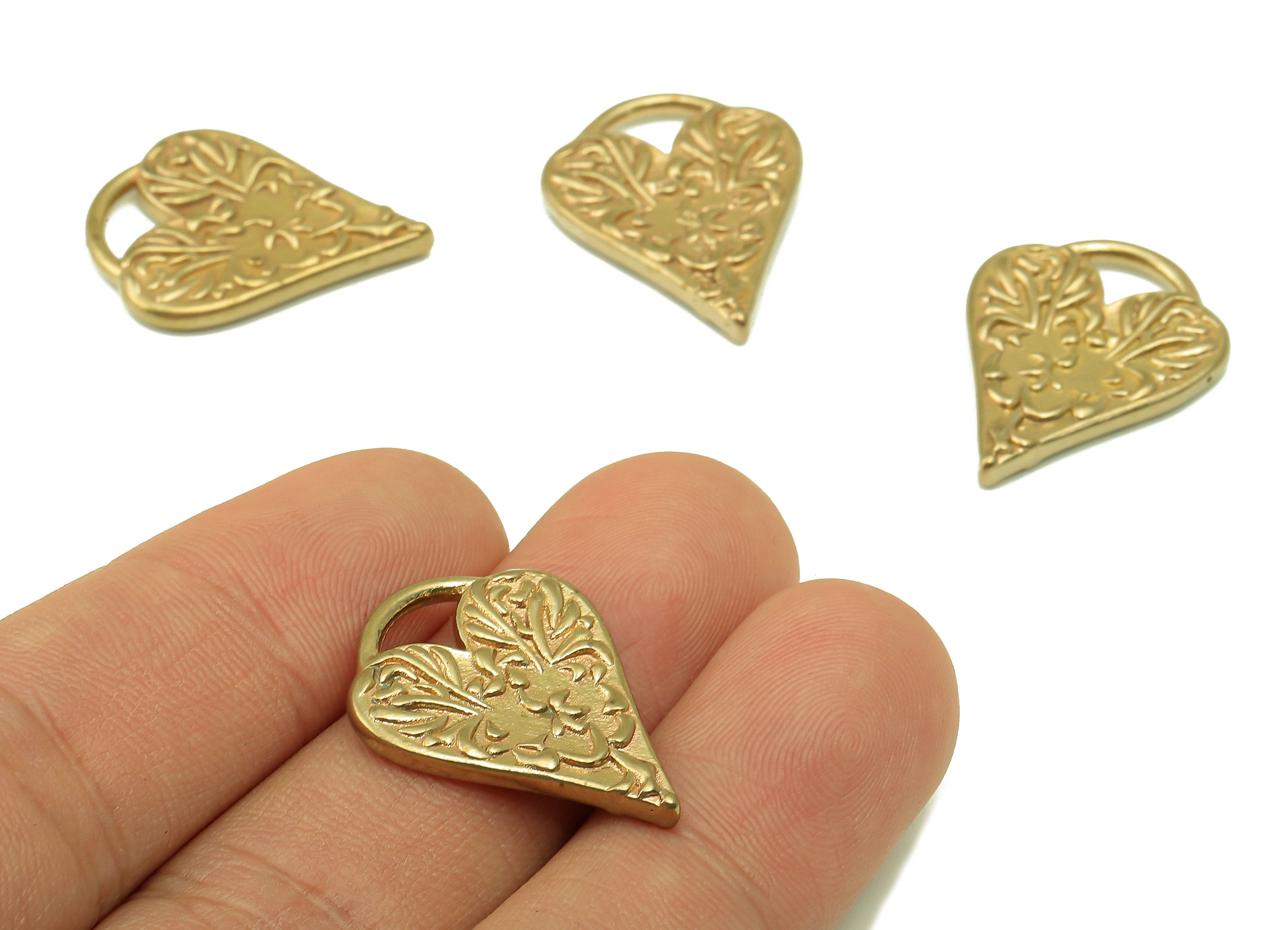 Brass Heart Earring Charms - Raw Brass Heart Pendant - Carved Flower Earring - For Necklace - Jewelry Making Supplies - 25x19.4x3mm - PP8556 - DOMEDBAZAAR