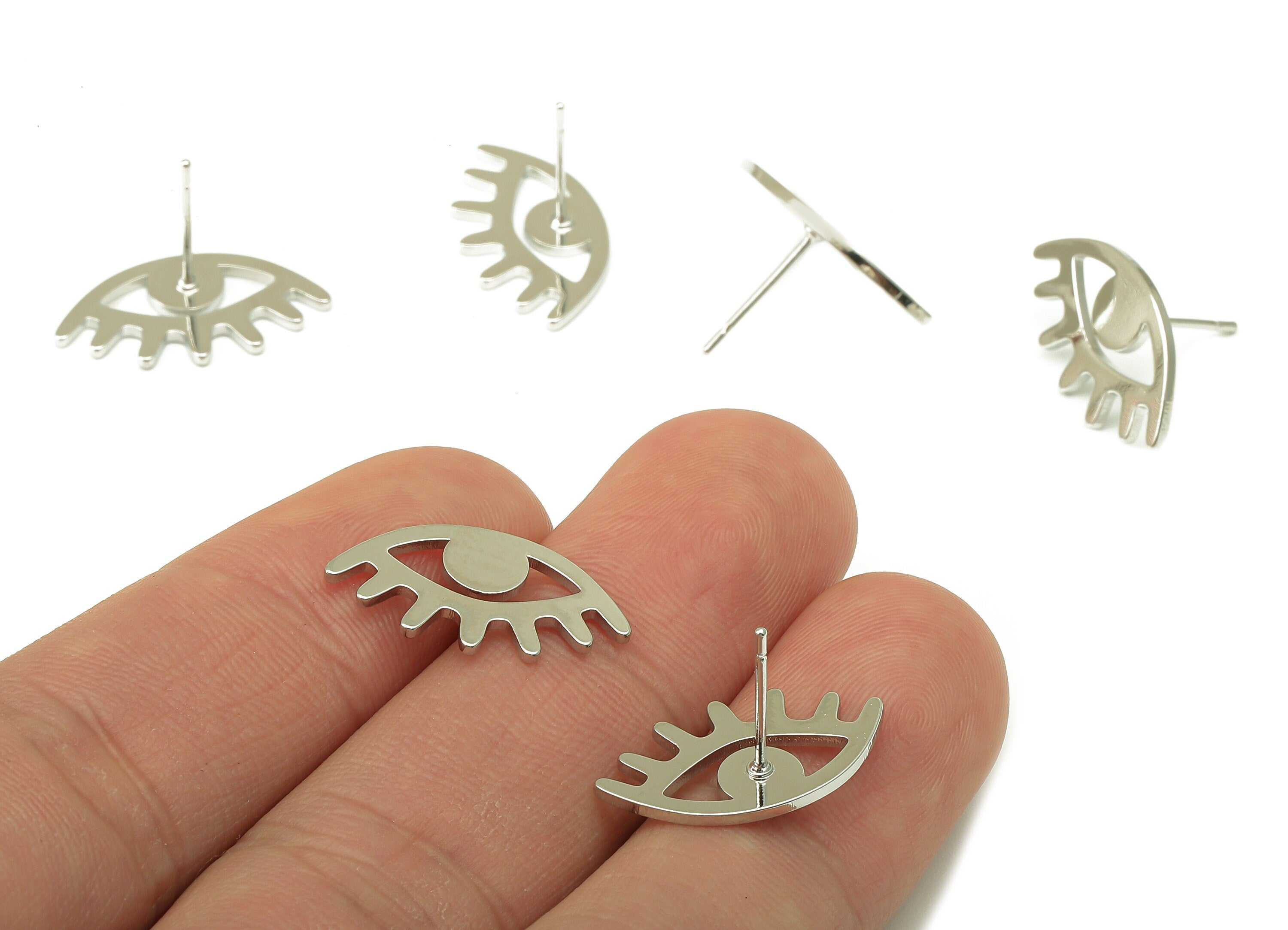 Silver Eyes Stud Earring - Eyelash Shaped Earring Stud- Sunflower Eyelash Post - 18K Real White Gold Plating - 20x11x1mm- RGP5912G - DOMEDBAZAAR