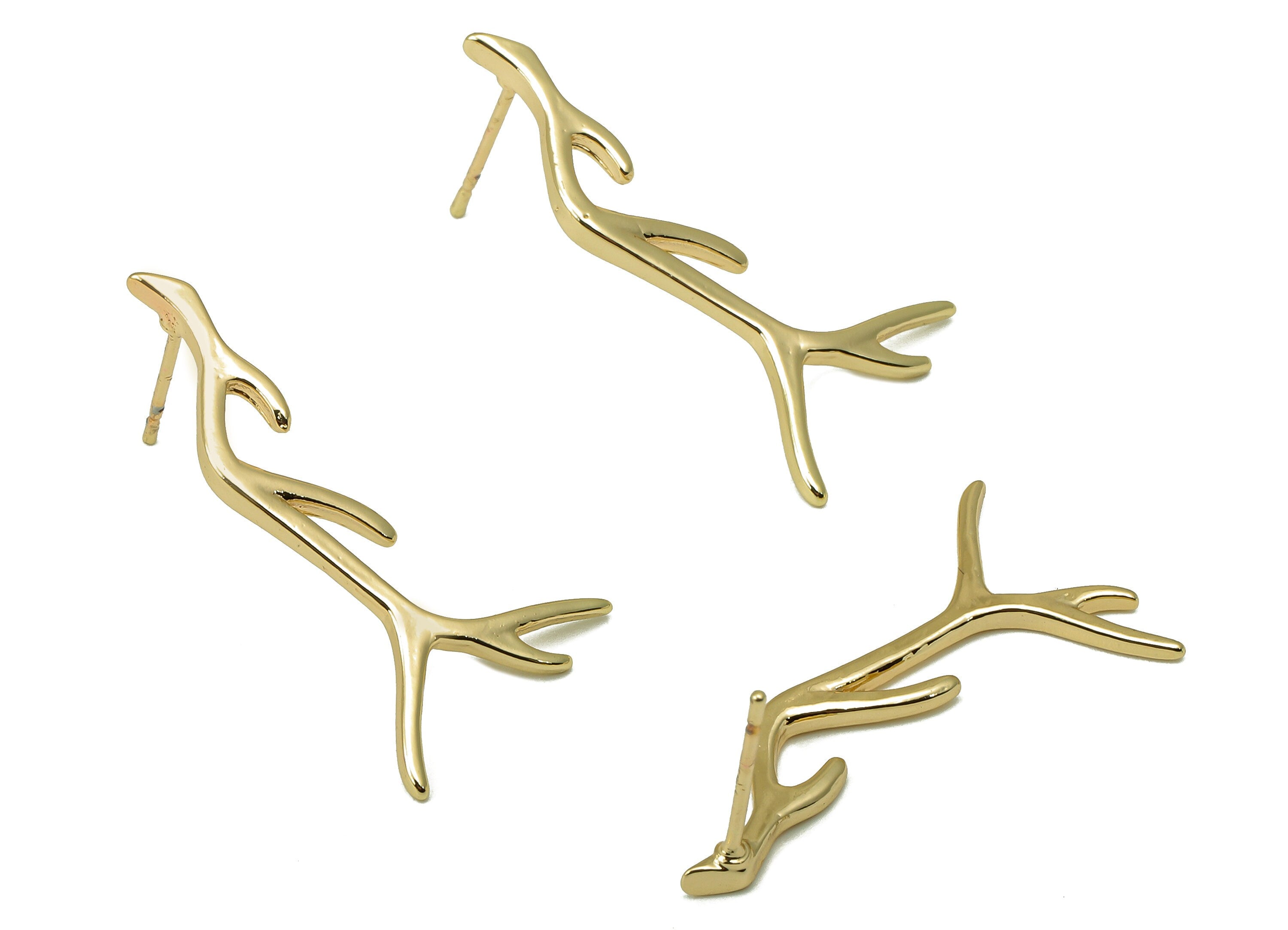 Brass Antler Stud Earring - Branch earring post - Dendritic Earring -18K Real Gold-Plated Brass - 29.16x15.1x1.68mm RGP5914G - DOMEDBAZAAR