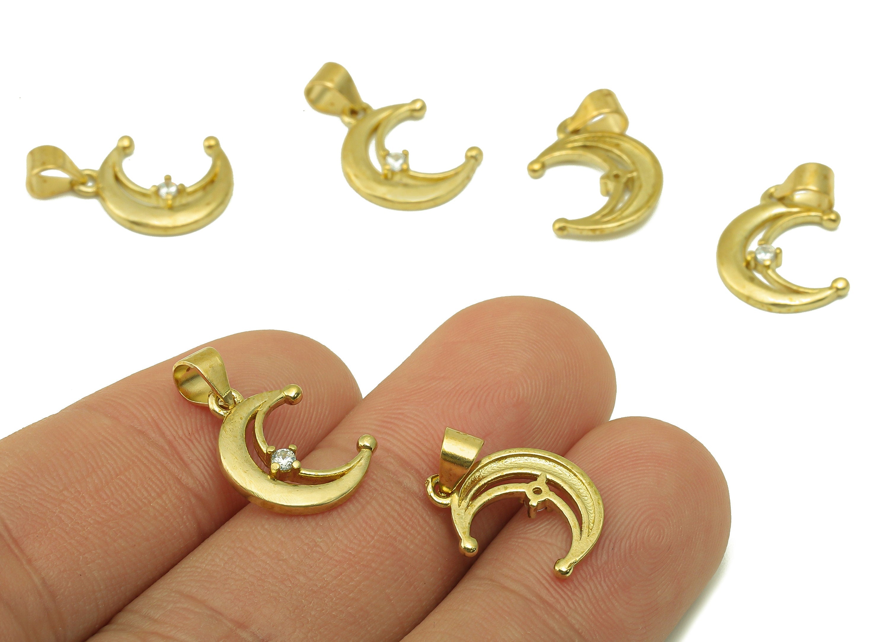 Brass Moon Earring Charms - Raw Brass Crescent Cubic Zirconia With Hoop - CZ Crescent Hollow Pendant - Jewelry Making - 16x12x2.15mm- PP8586 - DOMEDBAZAAR