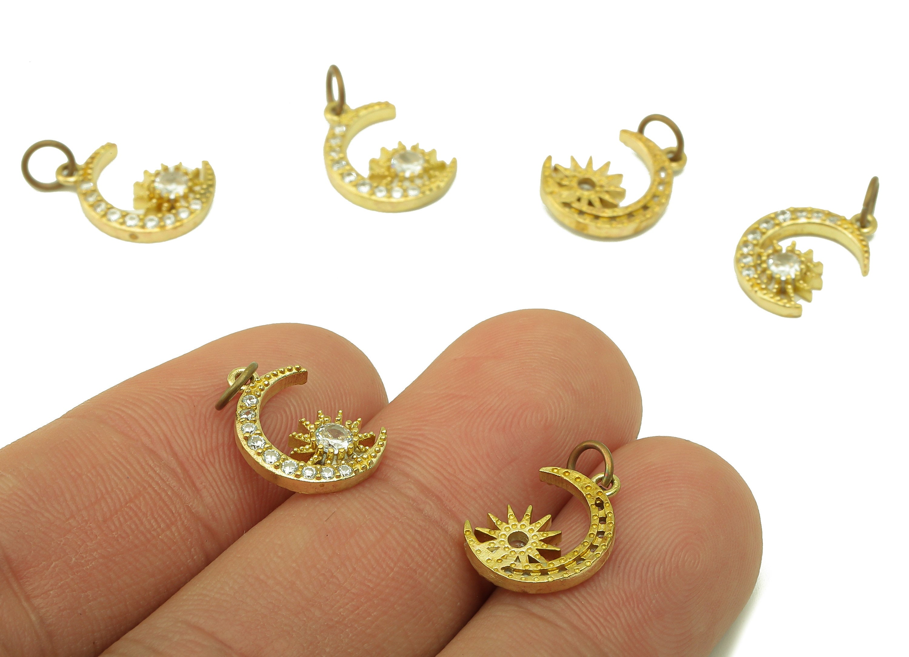 Brass Moon Earring Charms - Raw Brass Crescent Sun Cubic Zirconia With Hoop - Crescent Sun Pendant - Jewelry Making - 15.1x10x2.5mm- PP8588 - DOMEDBAZAAR