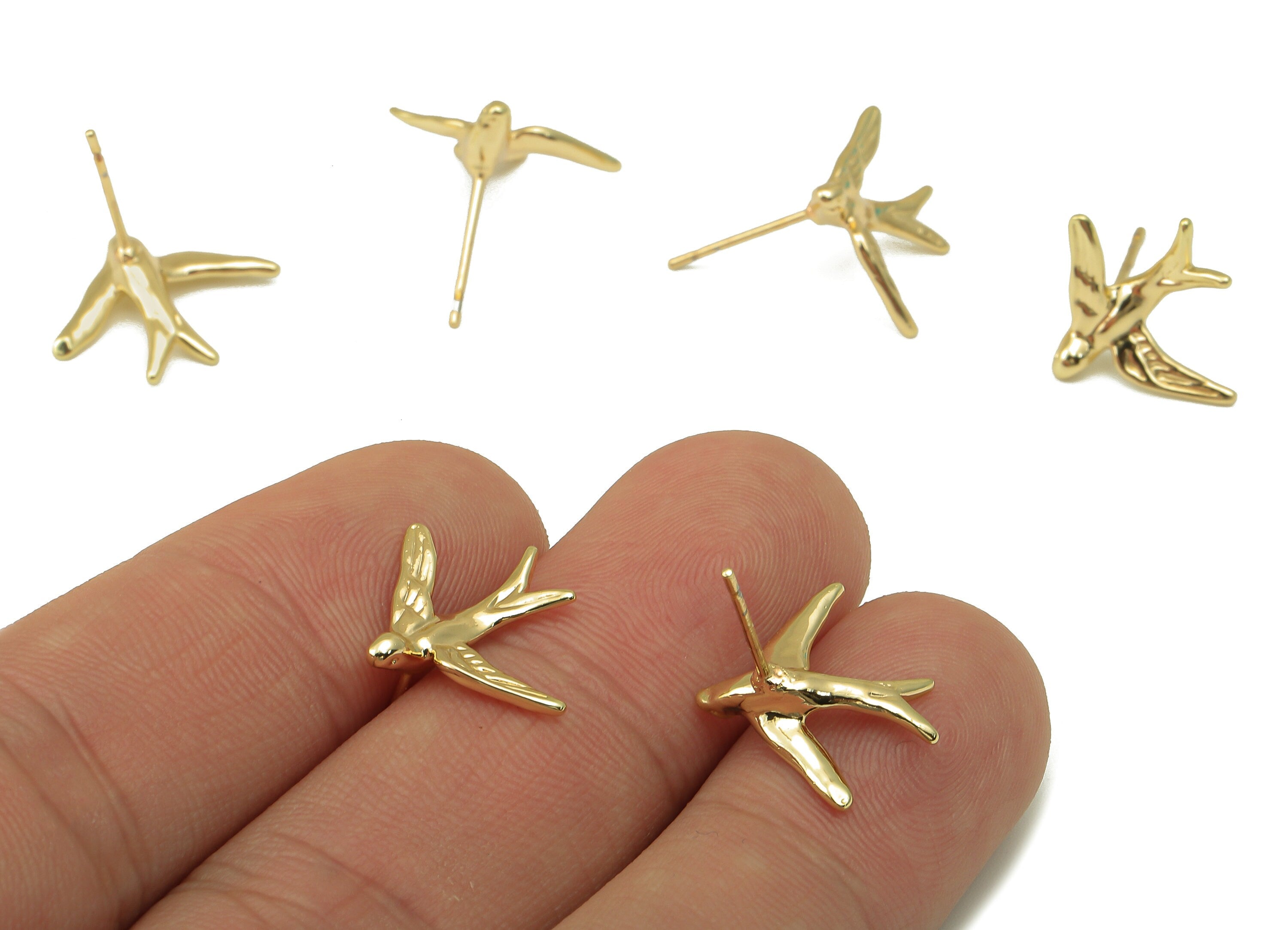 Brass Fly Bird Earring - Brass Swallow Earring Post - Animal Stud Earring -18K Real Gold-Plated Brass - 16.65 x 14.54x 1.9mm- RGP5915G - DOMEDBAZAAR