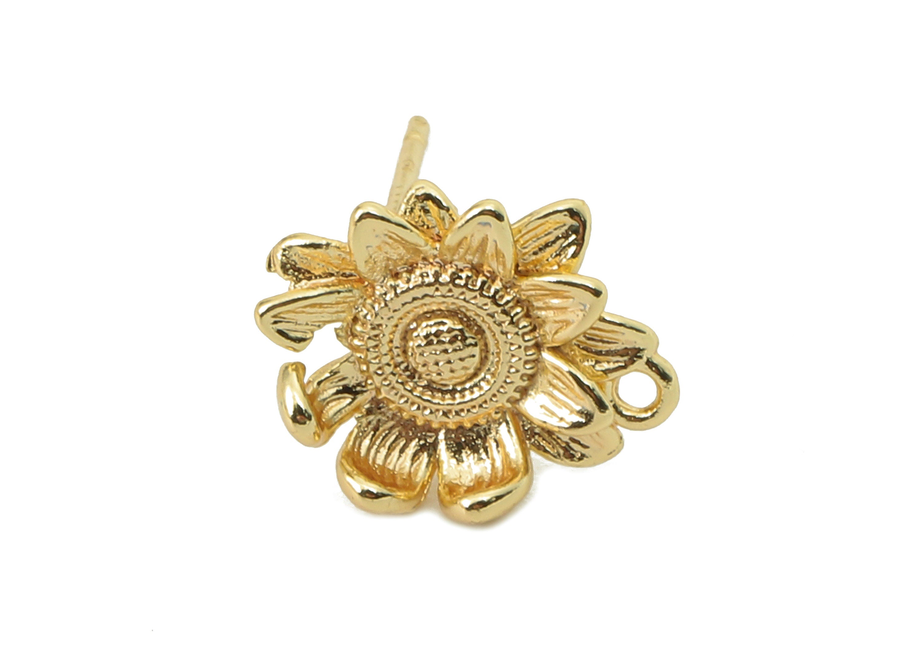 Brass Flower Earring Post - Brass Sunflower Earring - Stud With Loop - 18K Real Gold Plating -11.48x 9.43x 1.59mm-RGP5853 - DOMEDBAZAAR