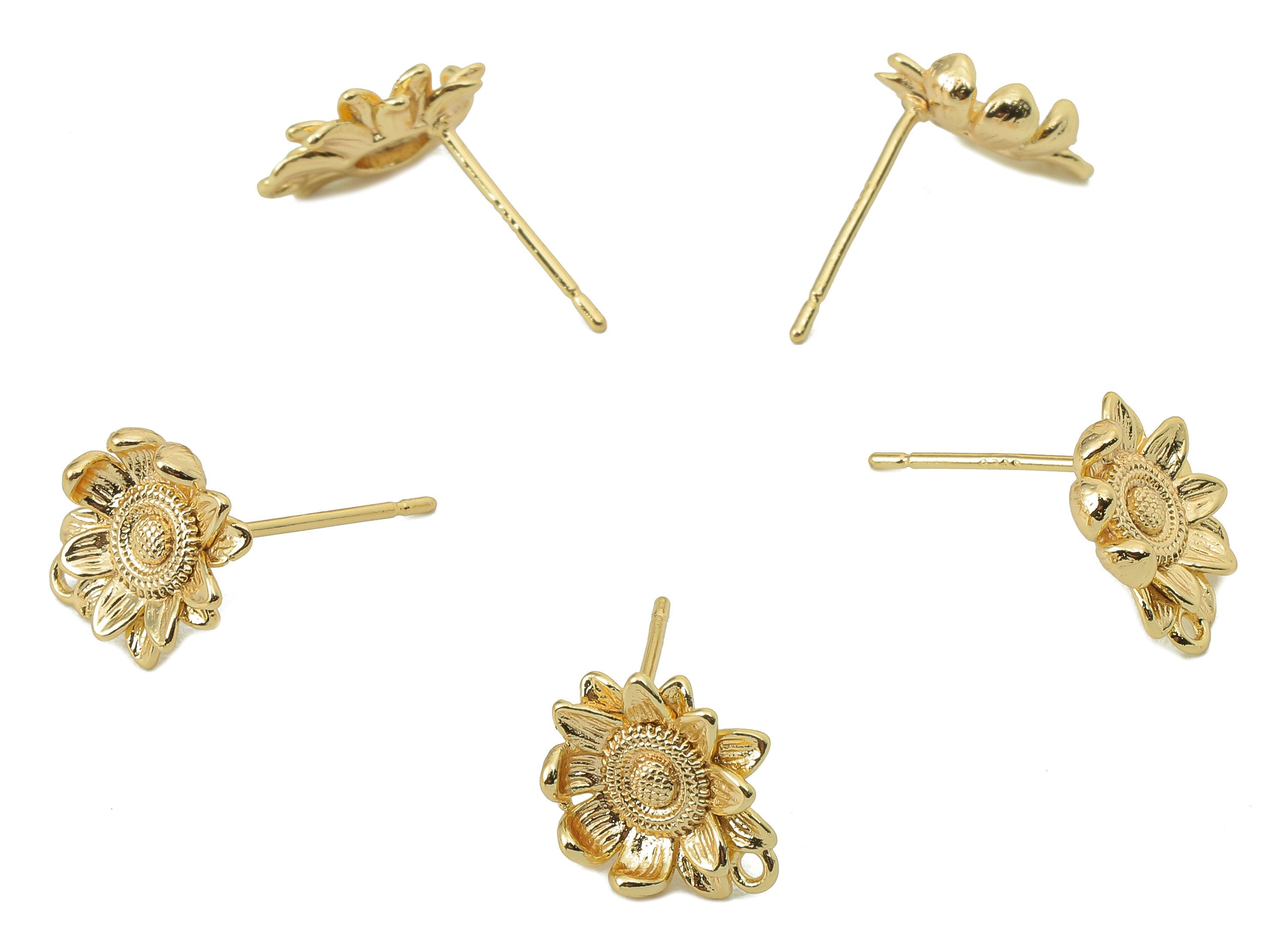 Brass Flower Earring Post - Brass Sunflower Earring - Stud With Loop - 18K Real Gold Plating -11.48x 9.43x 1.59mm-RGP5853 - DOMEDBAZAAR