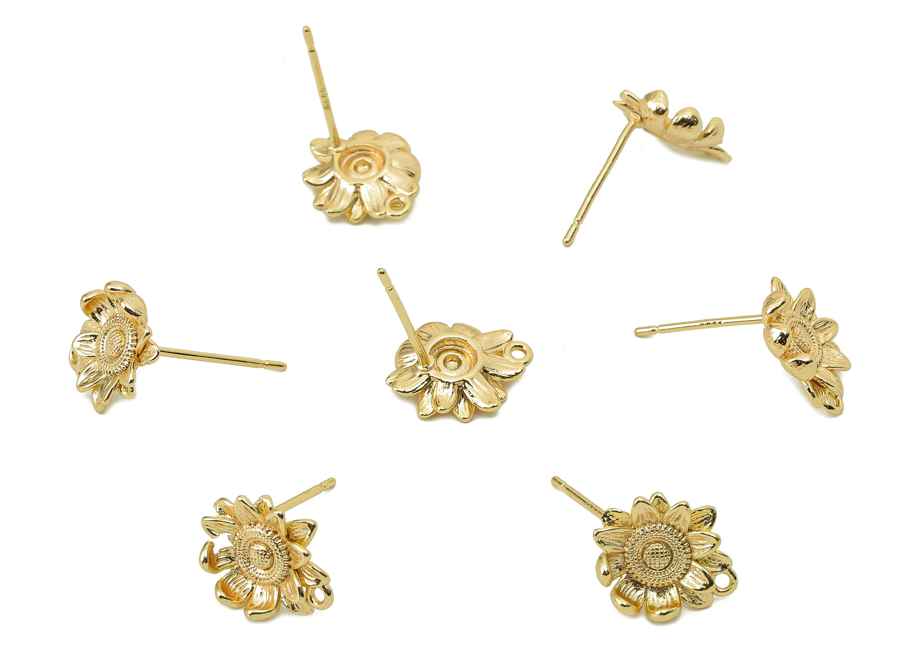 Brass Flower Earring Post - Brass Sunflower Earring - Stud With Loop - 18K Real Gold Plating -11.48x 9.43x 1.59mm-RGP5853 - DOMEDBAZAAR