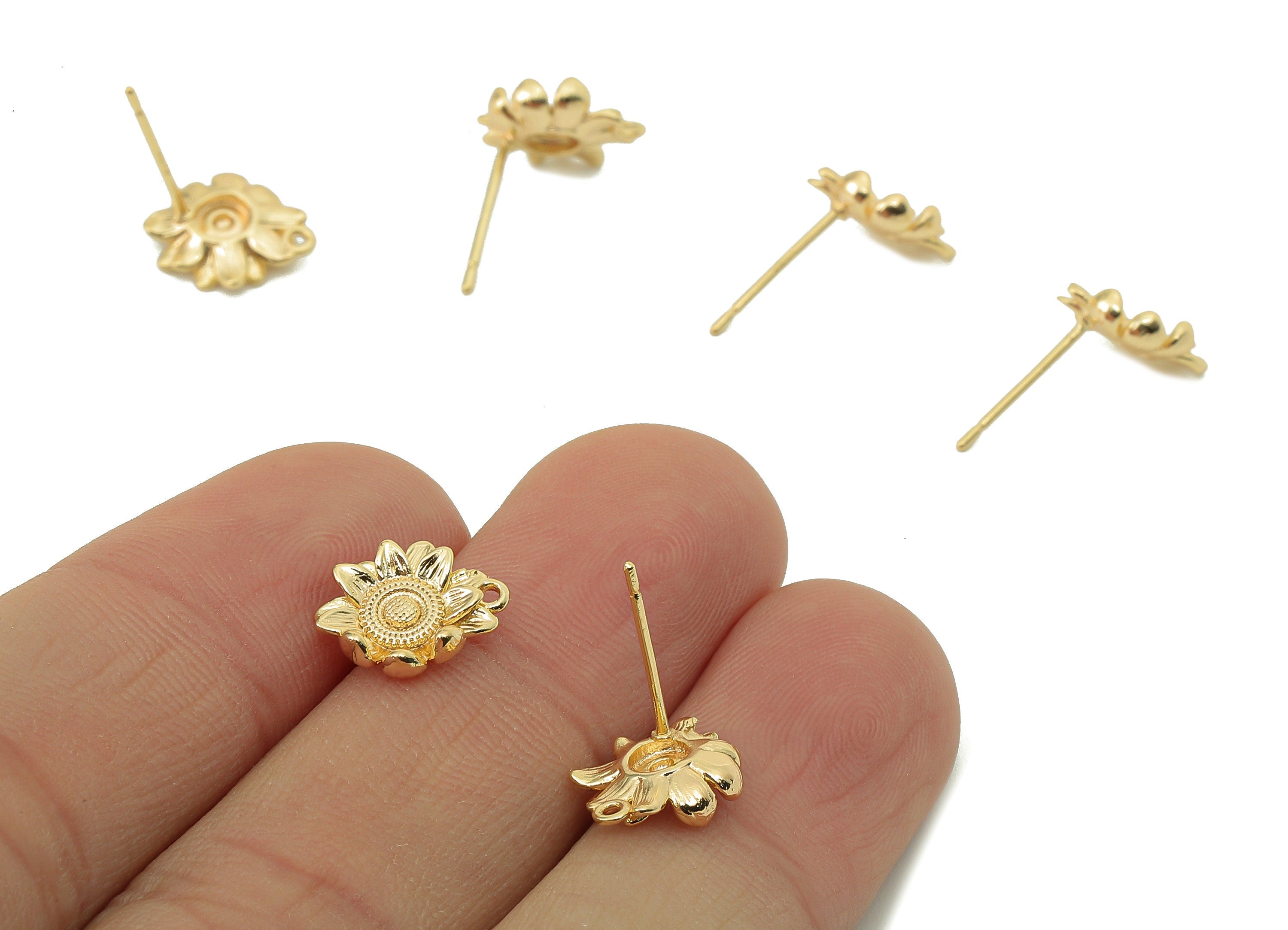 Brass Flower Earring Post - Brass Sunflower Earring - Stud With Loop - 18K Real Gold Plating -11.48x 9.43x 1.59mm-RGP5853 - DOMEDBAZAAR