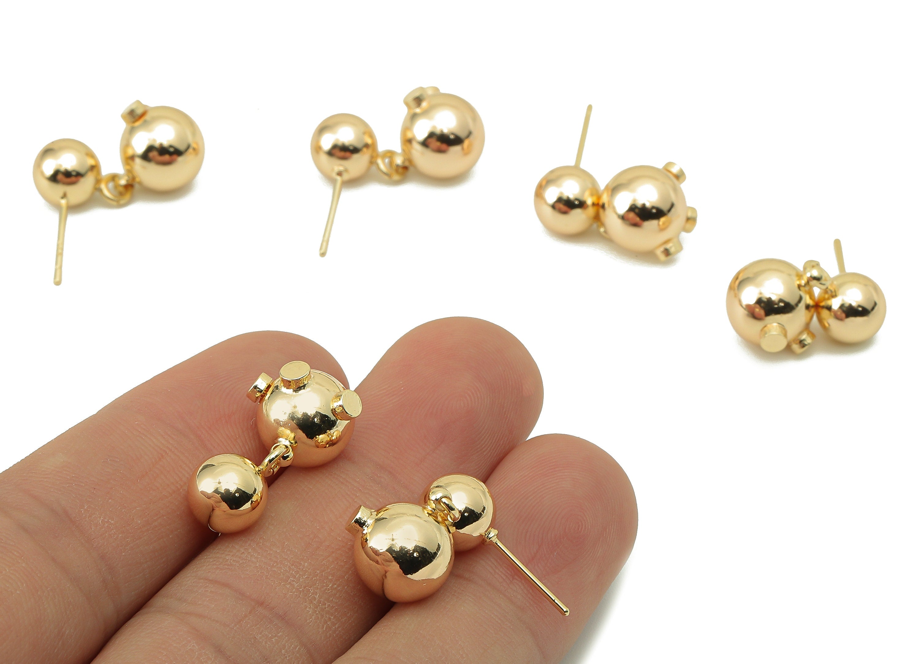 Brass Double Ball Stud Earring - Ball Earring Post - Ball Earring Stud - 18K Real Gold Plating -22.15x 11.71x 9.76mm-RGP5854 - DOMEDBAZAAR